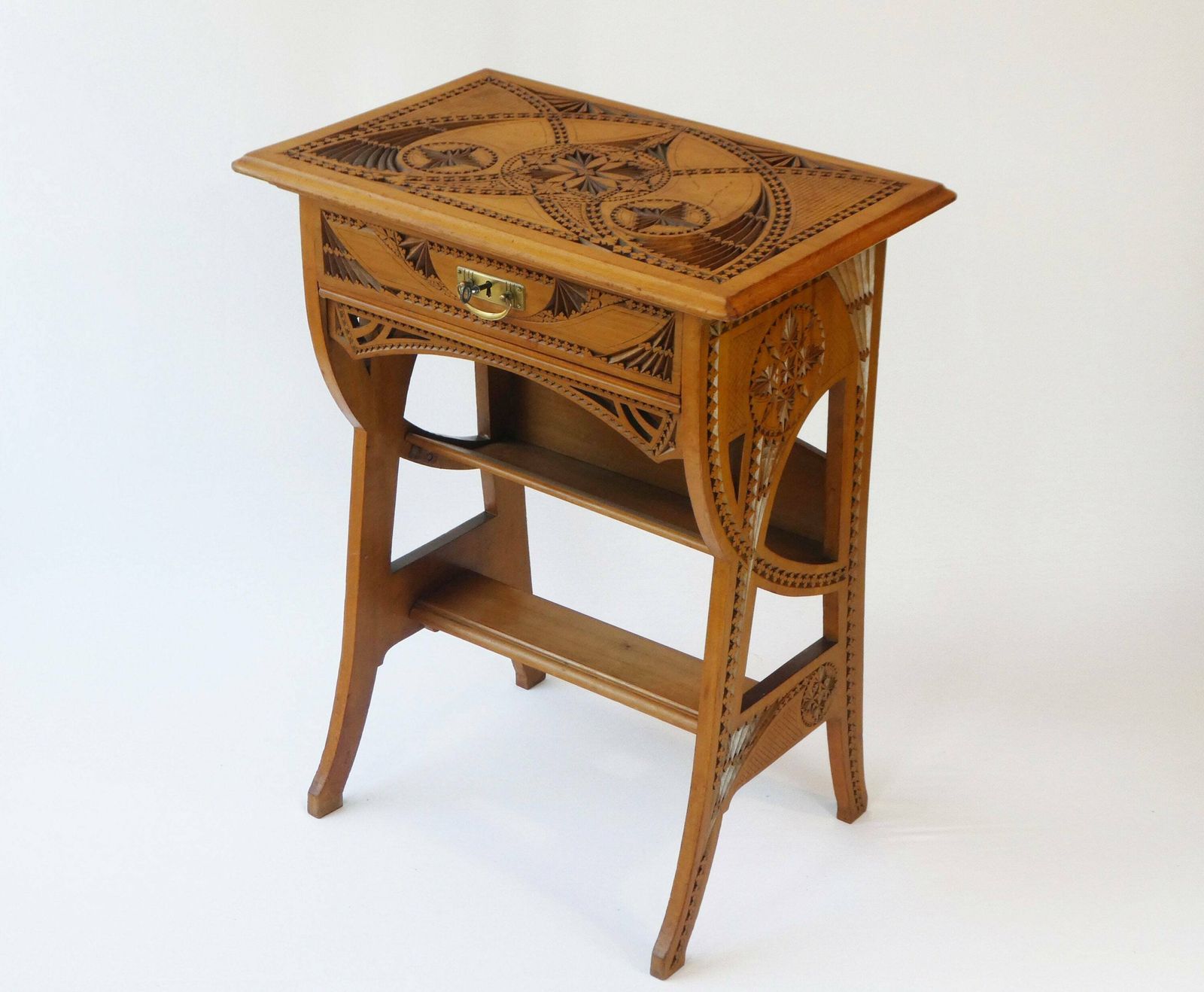 Antique Dutch Hand Carved Wooden Side Table, Art Nouveau Chip Carved Frisian Sewing Box With Lock, Handmade Folk Art Furniture