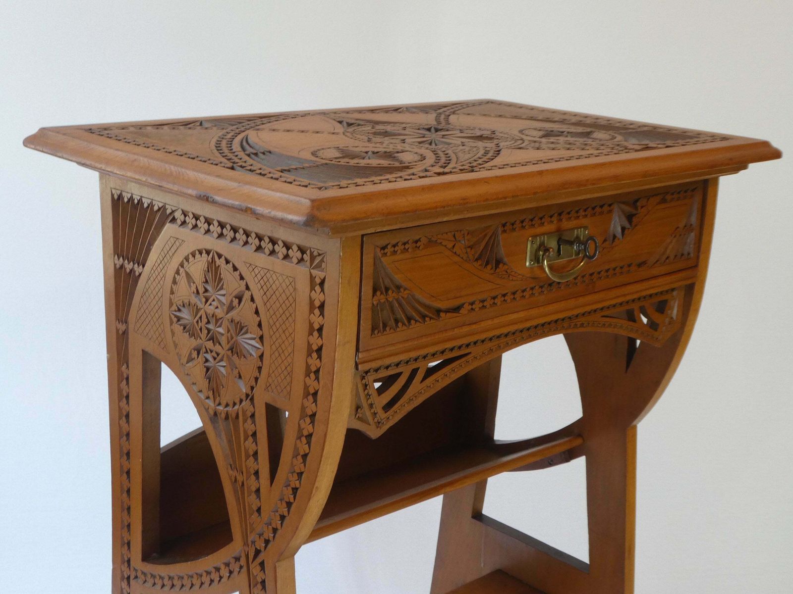 Antique Dutch Hand Carved Wooden Side Table, Art Nouveau Chip Carved Frisian Sewing Box With Lock, Handmade Folk Art Furniture photo Furniture