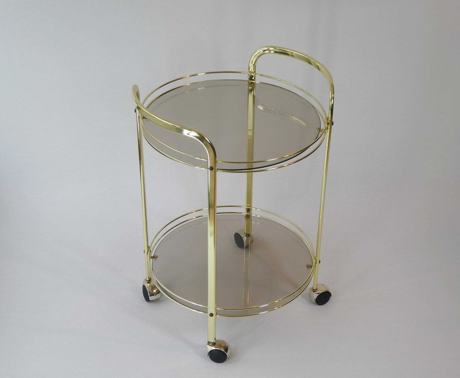 Bar Cart Hollywood Regency Round Trolley With Smoked Glass, Vintage Brass 2 Tier Serving Cart, Brass Table, Gold Cocktail Trolley photo furniture