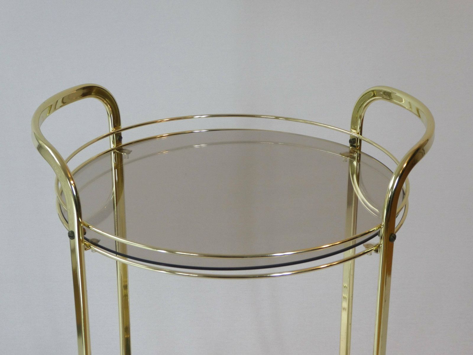 Bar Cart Hollywood Regency Round Trolley With Smoked Glass, Vintage Brass 2 Tier Serving Cart, Brass Table, Gold Cocktail Trolley photo vinterior