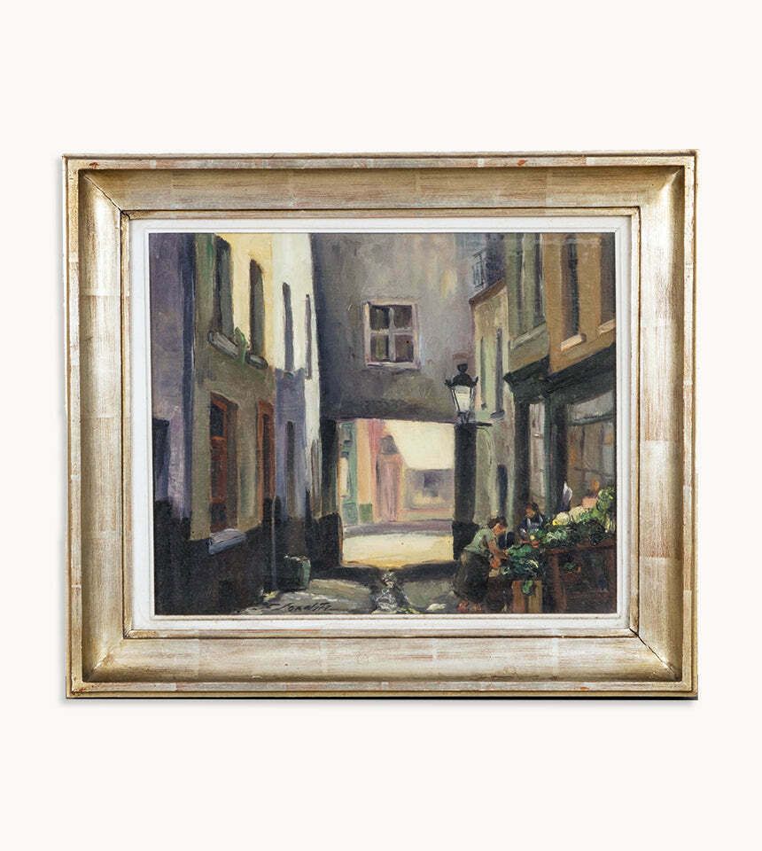 Brusselse Straatscène, Ingelijst Vintage Olieverfchilderij