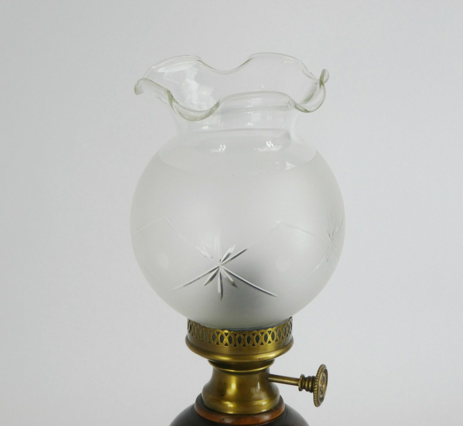 Antique Wooden Ornate Oil Table Lamp With Glass Shade, Beautiful German Desk Light With Brass Compartments photo for sale