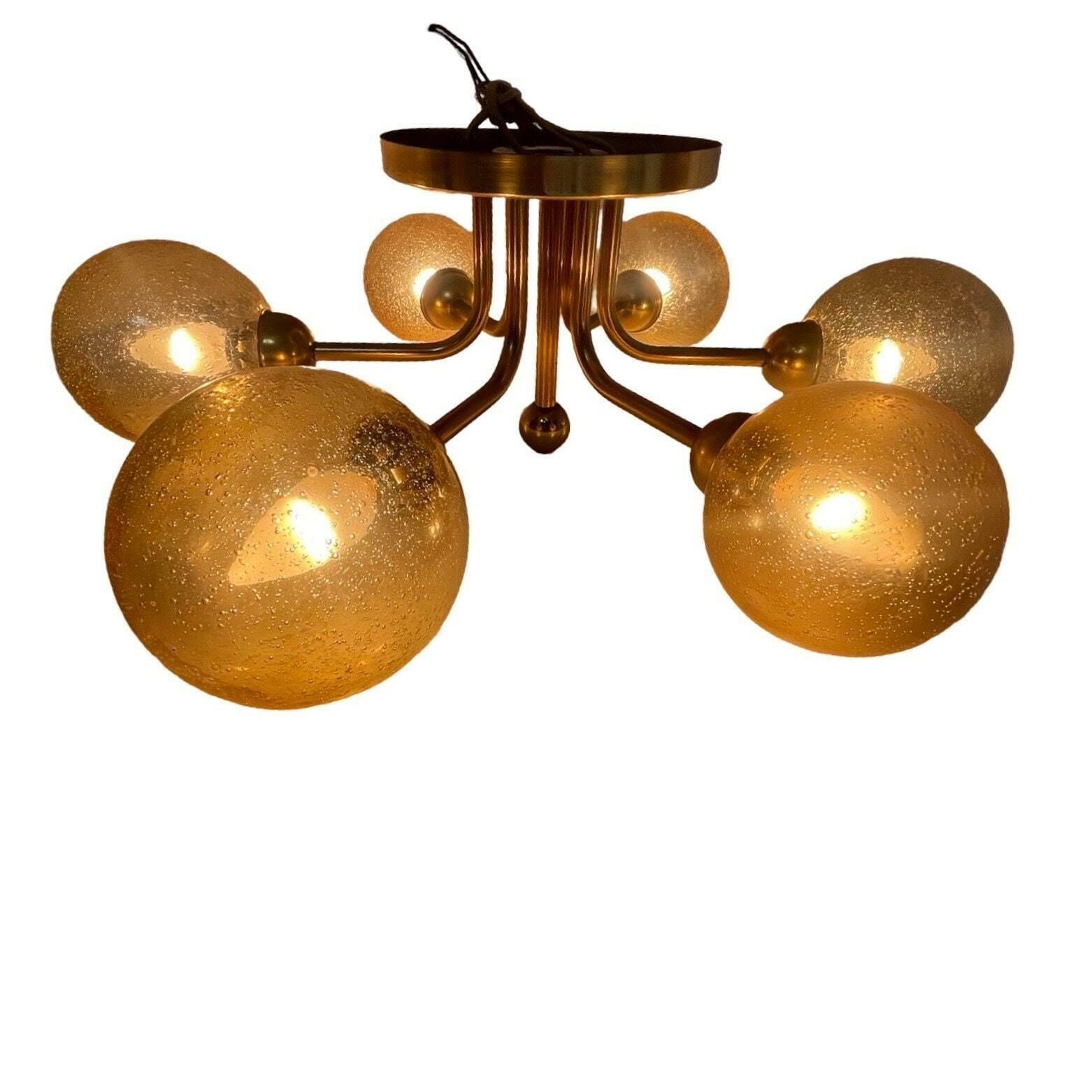 Veb Germany   Hanging Pendant   Sputnik Lamp With 6 Glass Shades   Patterned Glass   Mid Century Modern / Atomic Age