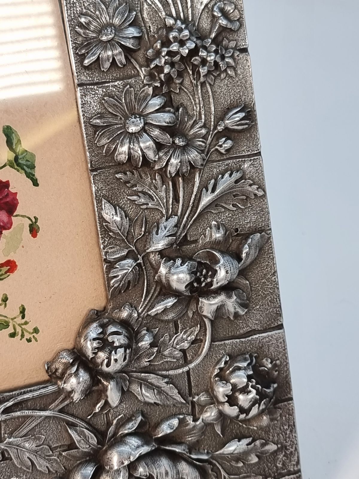 A Floral Watercolour And Decorative Pewter Frame, Circa1890, French photo for sale
