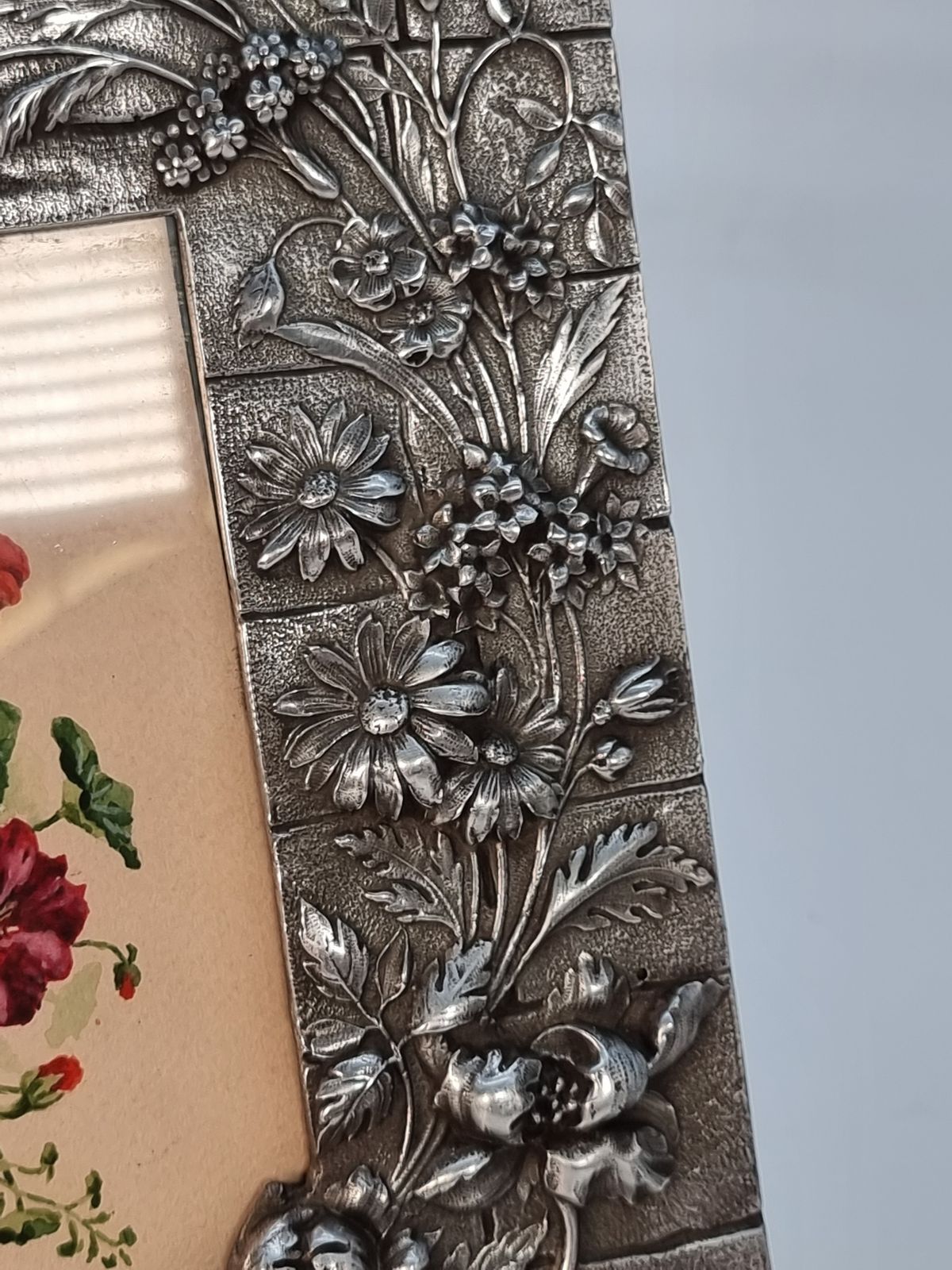 A Floral Watercolour And Decorative Pewter Frame, Circa1890, French photo buy