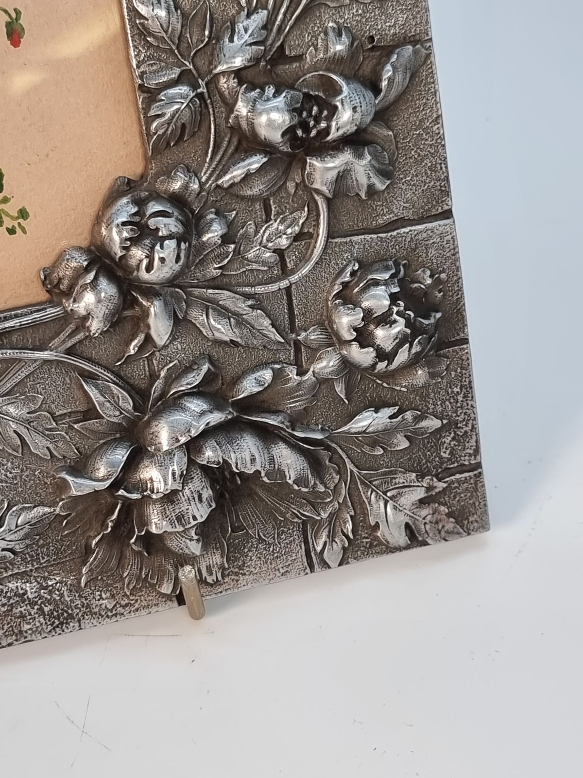 A Floral Watercolour And Decorative Pewter Frame, Circa1890, French photo vintage