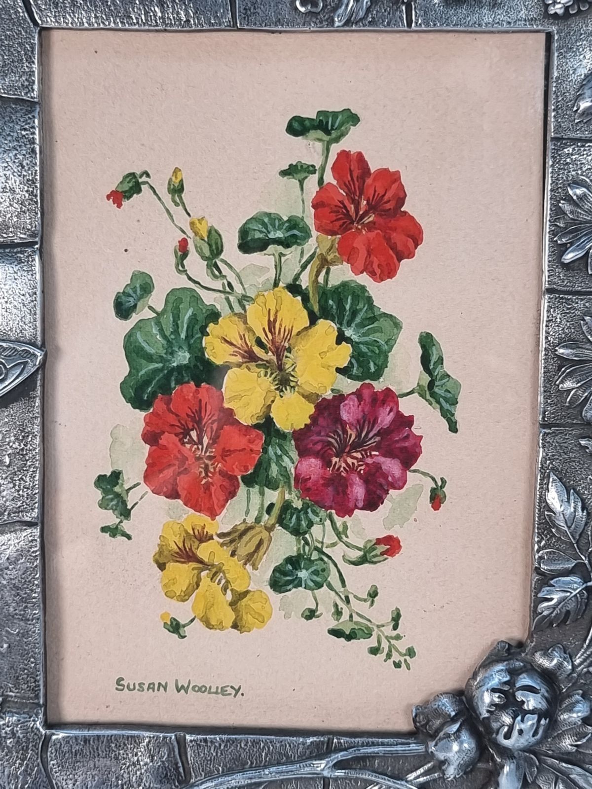photo furniture A Floral Watercolour And Decorative Pewter Frame, Circa1890, French