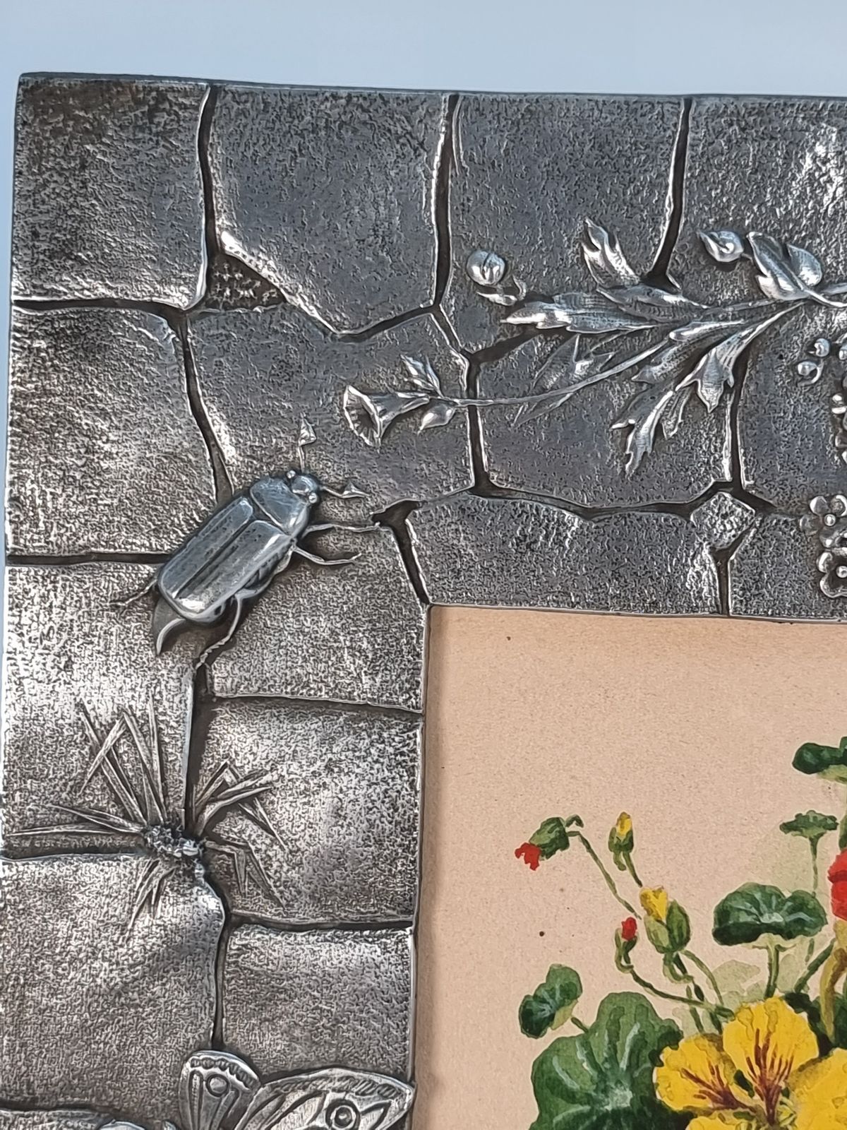 photo for sale A Floral Watercolour And Decorative Pewter Frame, Circa1890, French