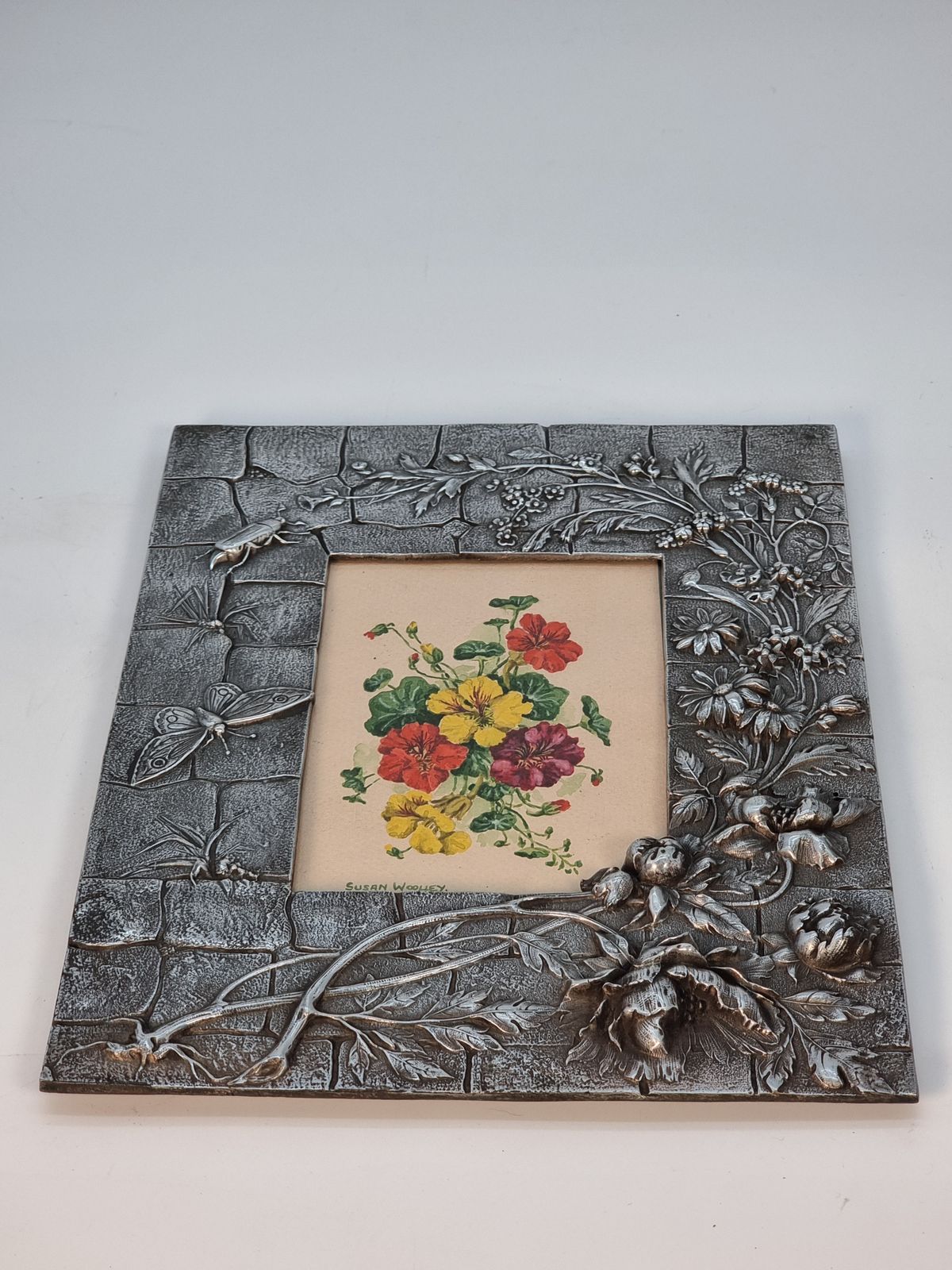 photo vinterior A Floral Watercolour And Decorative Pewter Frame, Circa1890, French