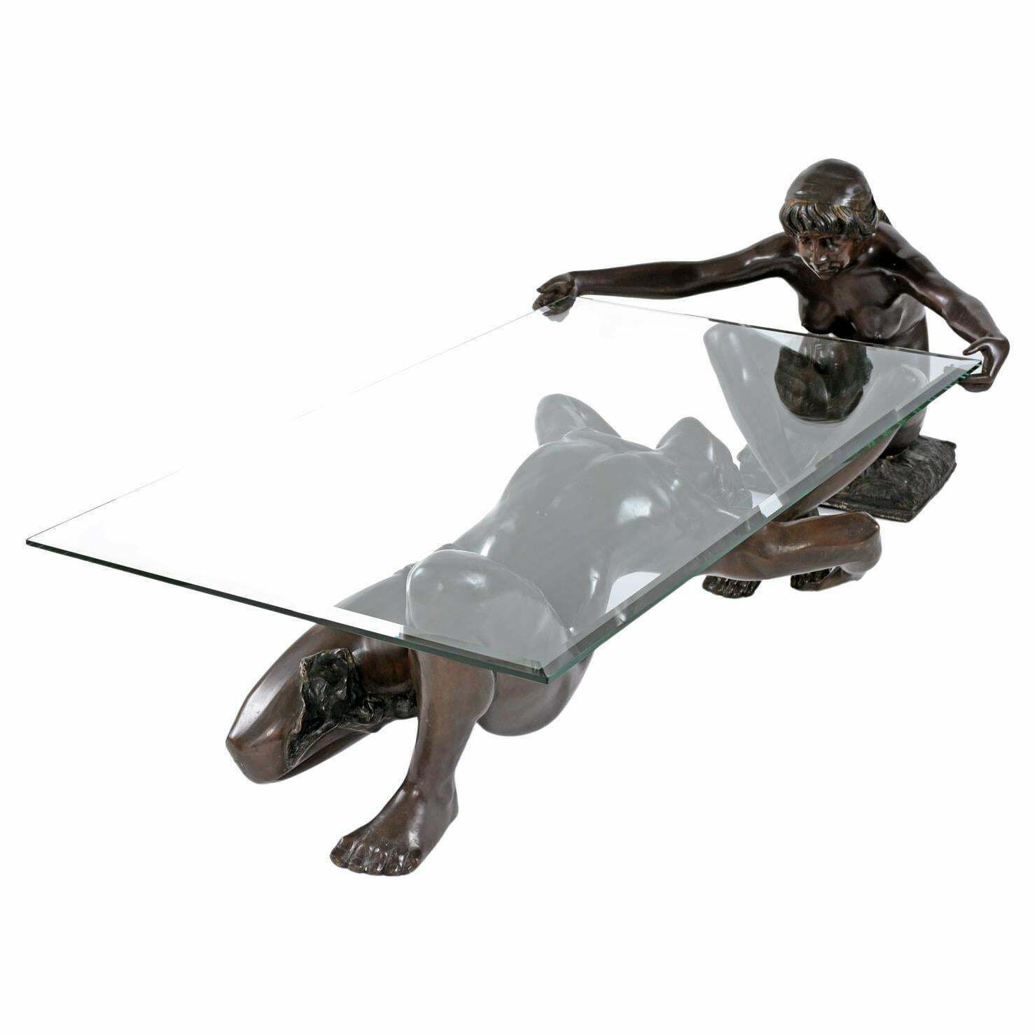 C. Conndray Bronze Figural Art Nouveau Sculpture Coffee Table With Glass Top photo furniture