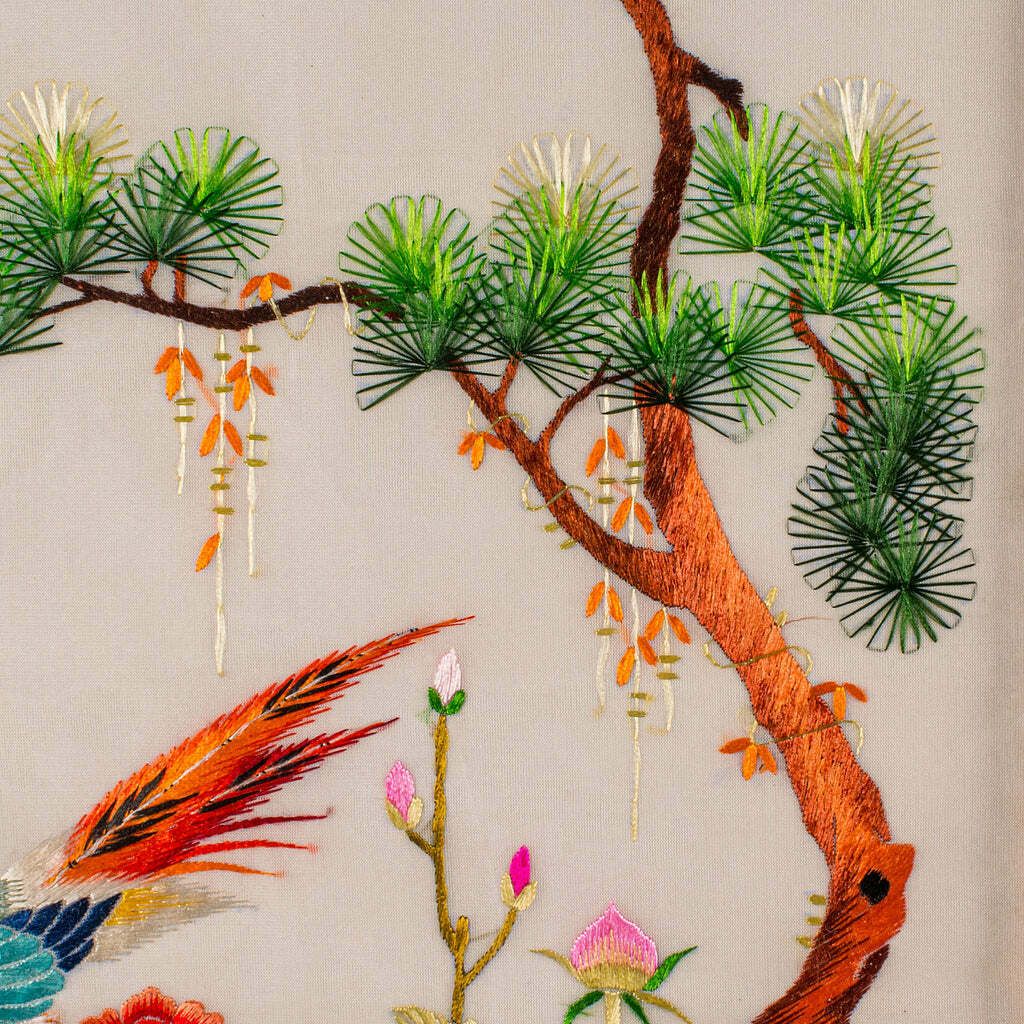 Vintage Embroidered Bird Panel  Korean  Silk Cotton  Embroidery  Art Deco  1930 photo vintage