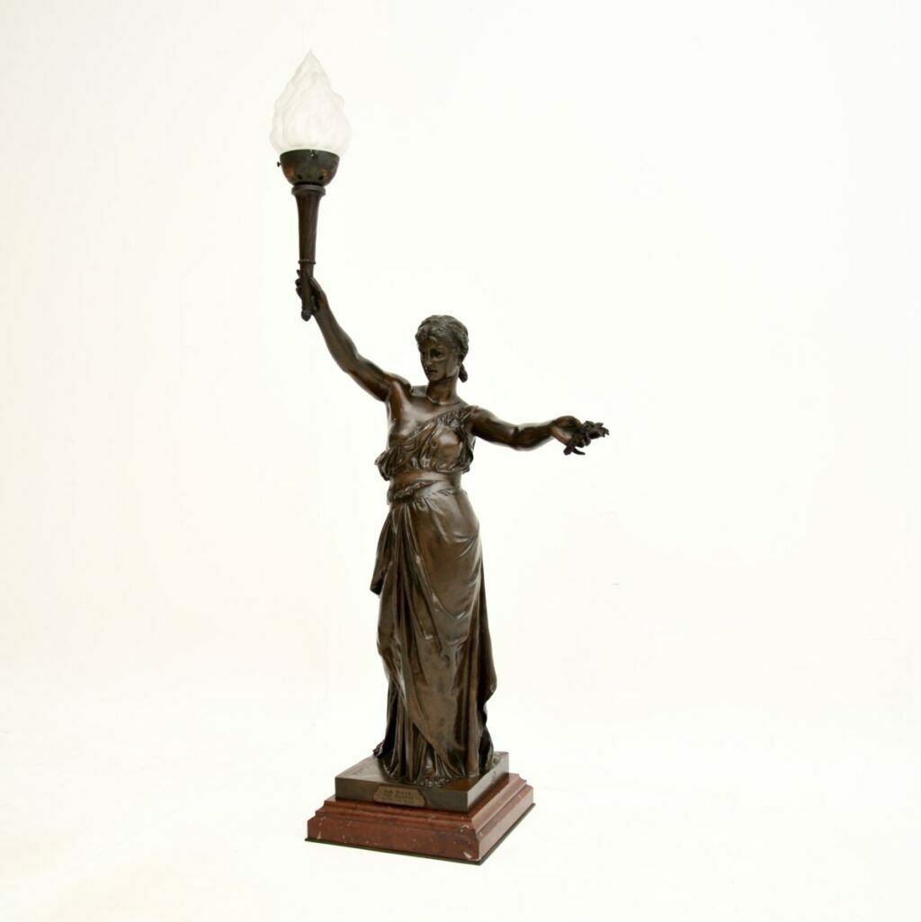 Antique French Bronze Lamp Figure ‘La Paix’ By Jean Jules Cambos photo furniture