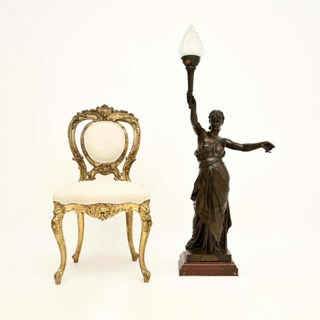 Antique French Bronze Lamp Figure ‘La Paix’ By Jean Jules Cambos photo for sale