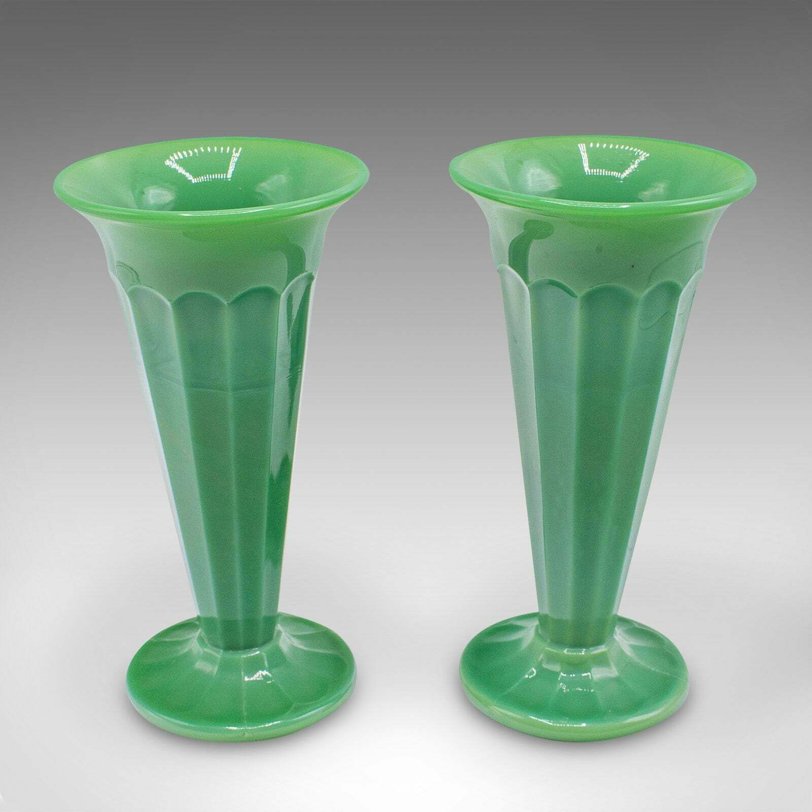 Pair Of Vintage Trumpet Vases, English, Cloud Glass, Flower Sleeve, Art Deco photo furniture