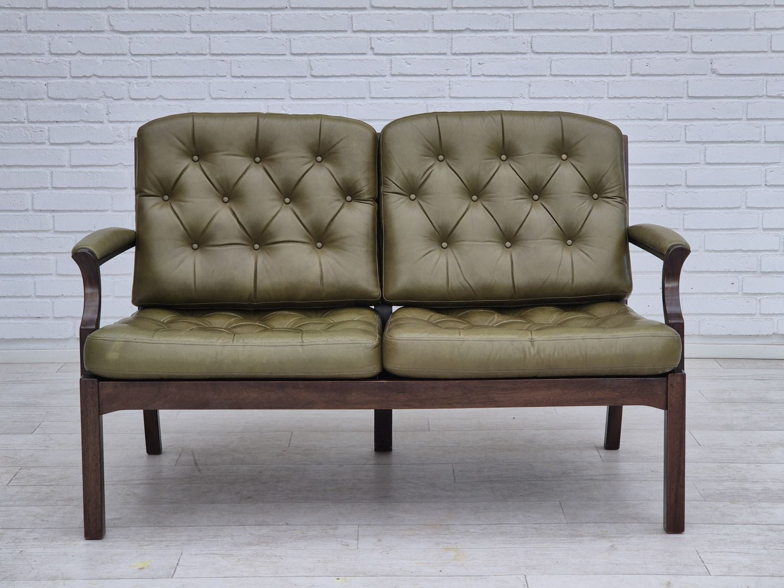 1970s, Scandinavian 2 Seater Sofa In Original Condition, Green Furniture Leather, Solid Teak Wood. photo Furniture