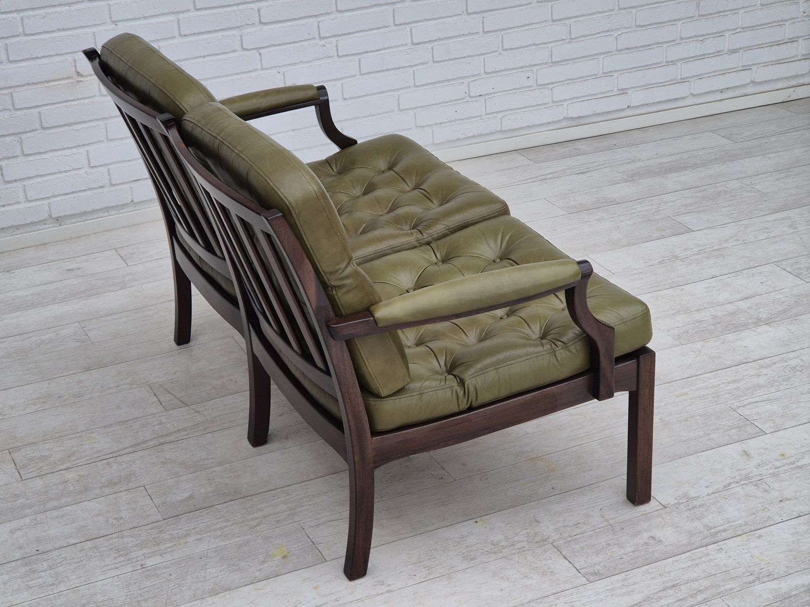 1970s, Scandinavian 2 Seater Sofa In Original Condition, Green Furniture Leather, Solid Teak Wood. photo 1470.0
