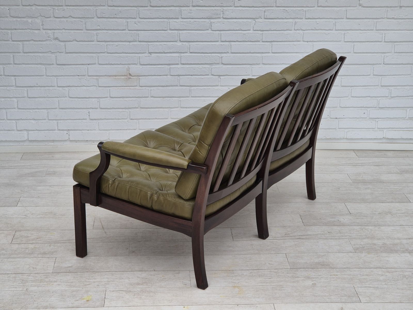 1470.0 1970s, Scandinavian 2 Seater Sofa In Original Condition, Green Furniture Leather, Solid Teak Wood. photo
