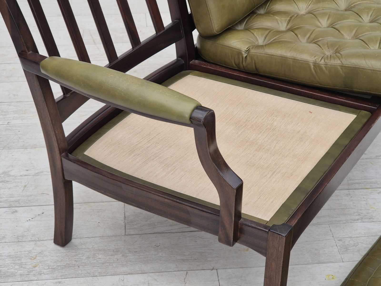 photo buy 1970s, Scandinavian 2 Seater Sofa In Original Condition, Green Furniture Leather, Solid Teak Wood.