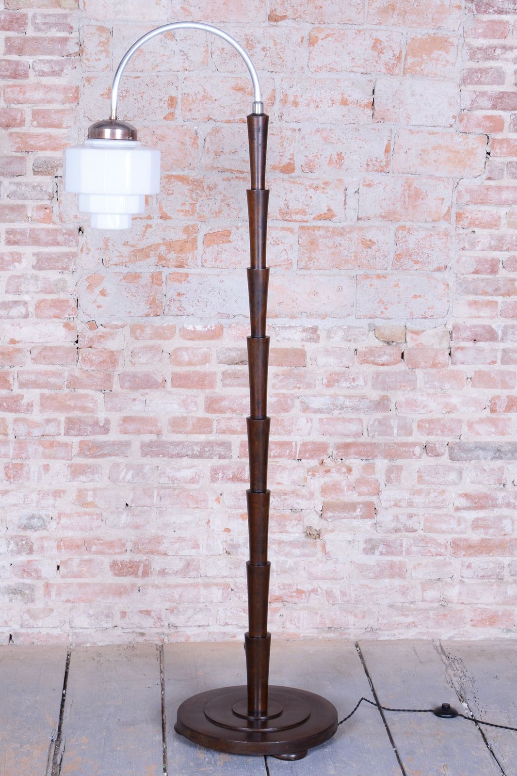 Restored Cubism Floor Lamp, Beech, Chrome Plated Steel, Glass, Czech, 1920s photo vinterior