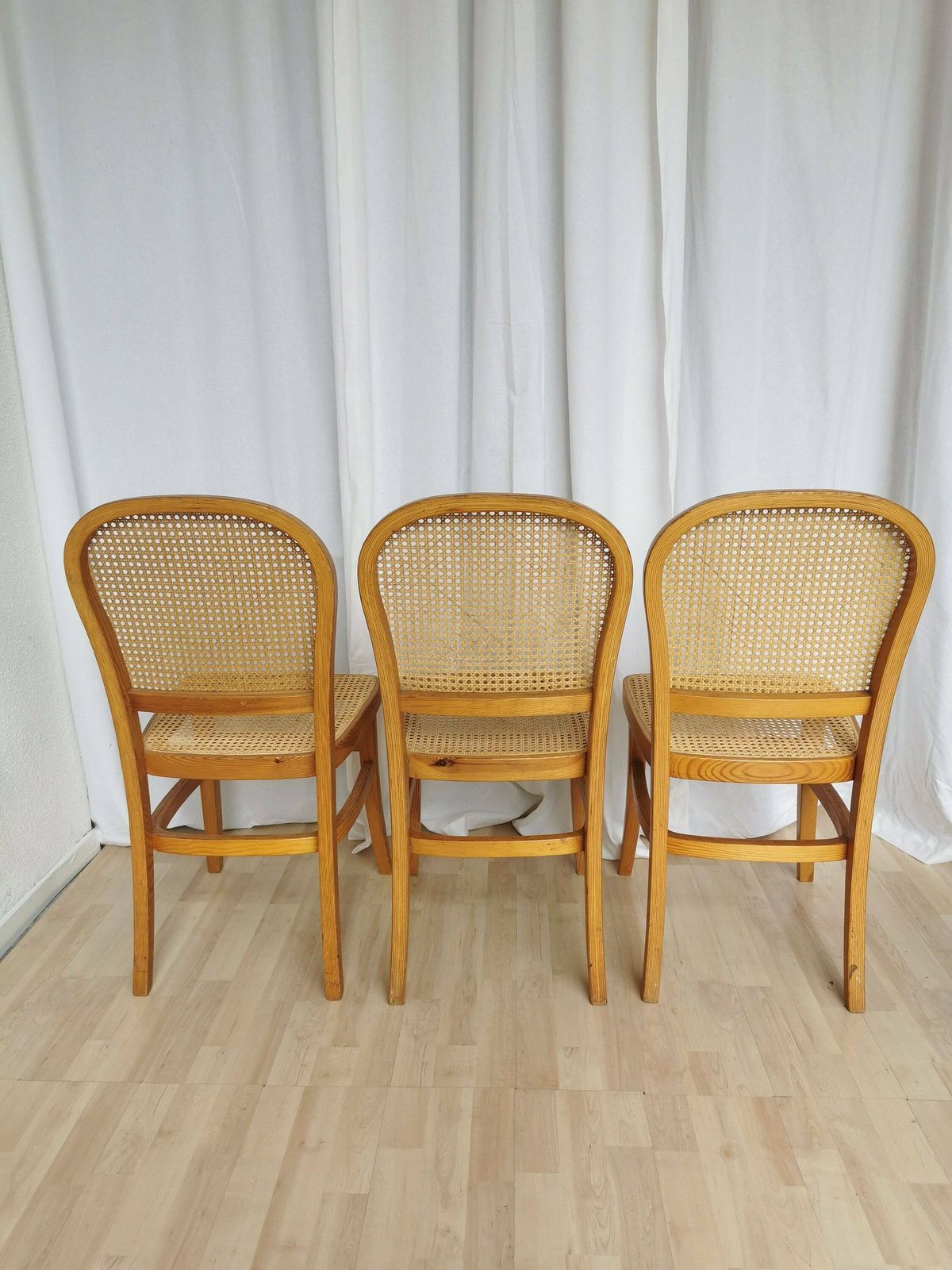Set Of 3 Vintage Wooden Dine Chairs With Cane Seat And Cane Backrest / Mid Century Dining Room Furniture / Yugoslavia 1970s / Wicker Mash photo for sale