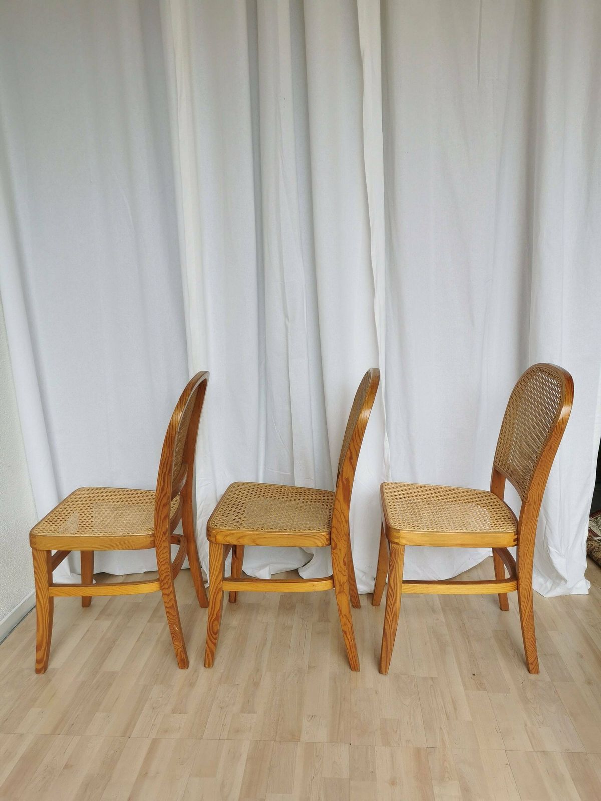 Set Of 3 Vintage Wooden Dine Chairs With Cane Seat And Cane Backrest / Mid Century Dining Room Furniture / Yugoslavia 1970s / Wicker Mash photo 753.0