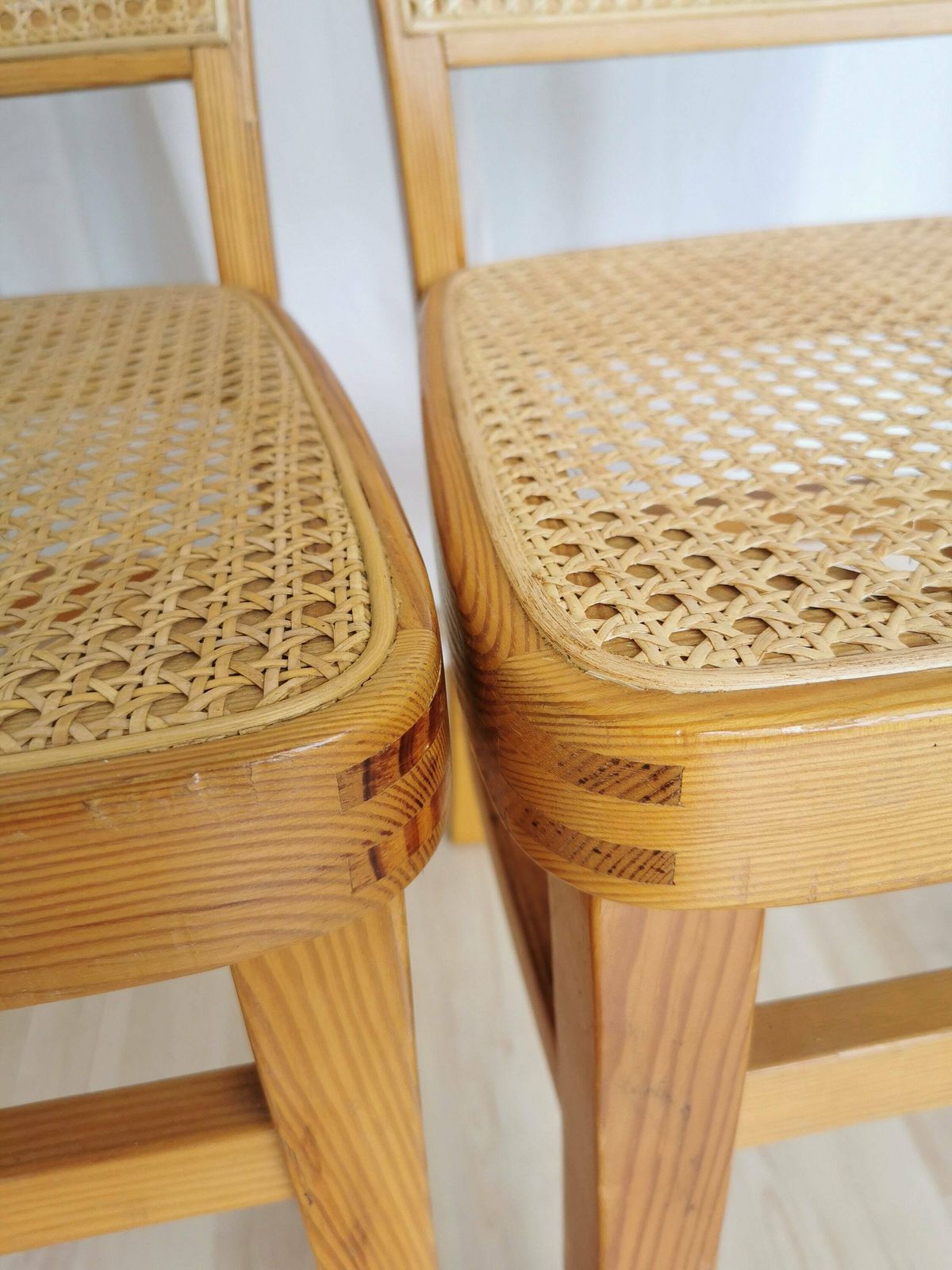 Set Of 3 Vintage Wooden Dine Chairs With Cane Seat And Cane Backrest / Mid Century Dining Room Furniture / Yugoslavia 1970s / Wicker Mash photo vintage