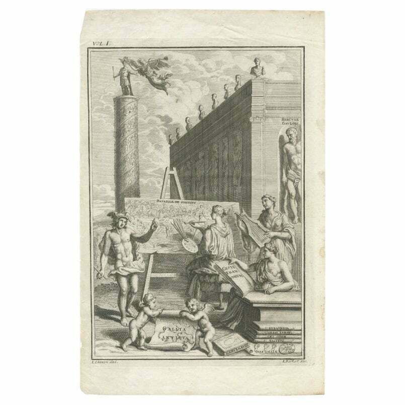Antique Frontispiece Of 'Gallia Antiqua' With Mercury Herucules Etc C.1728