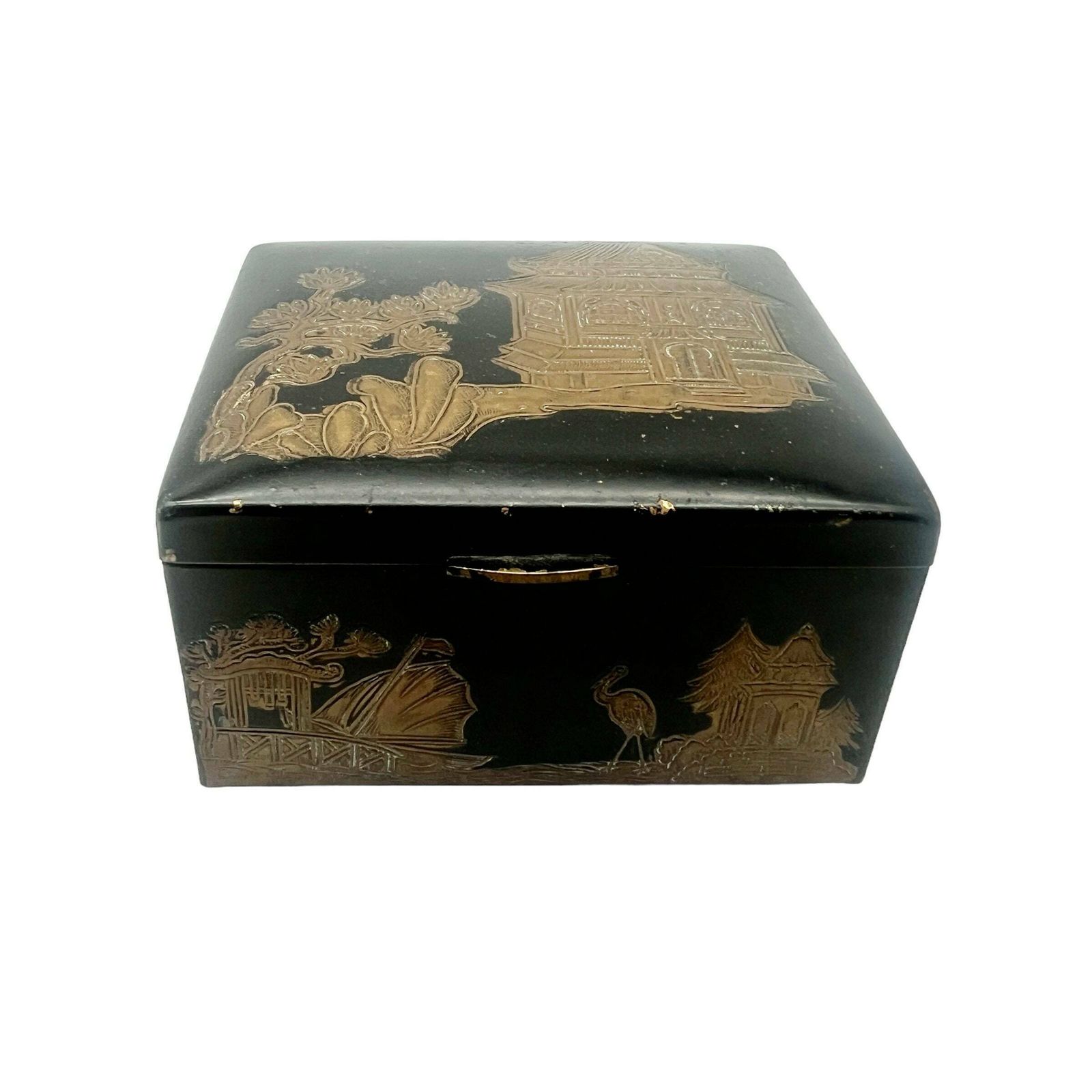 Antique Japanese Engraved Brass Cigarette Box   Pagoda   Tobacciana
