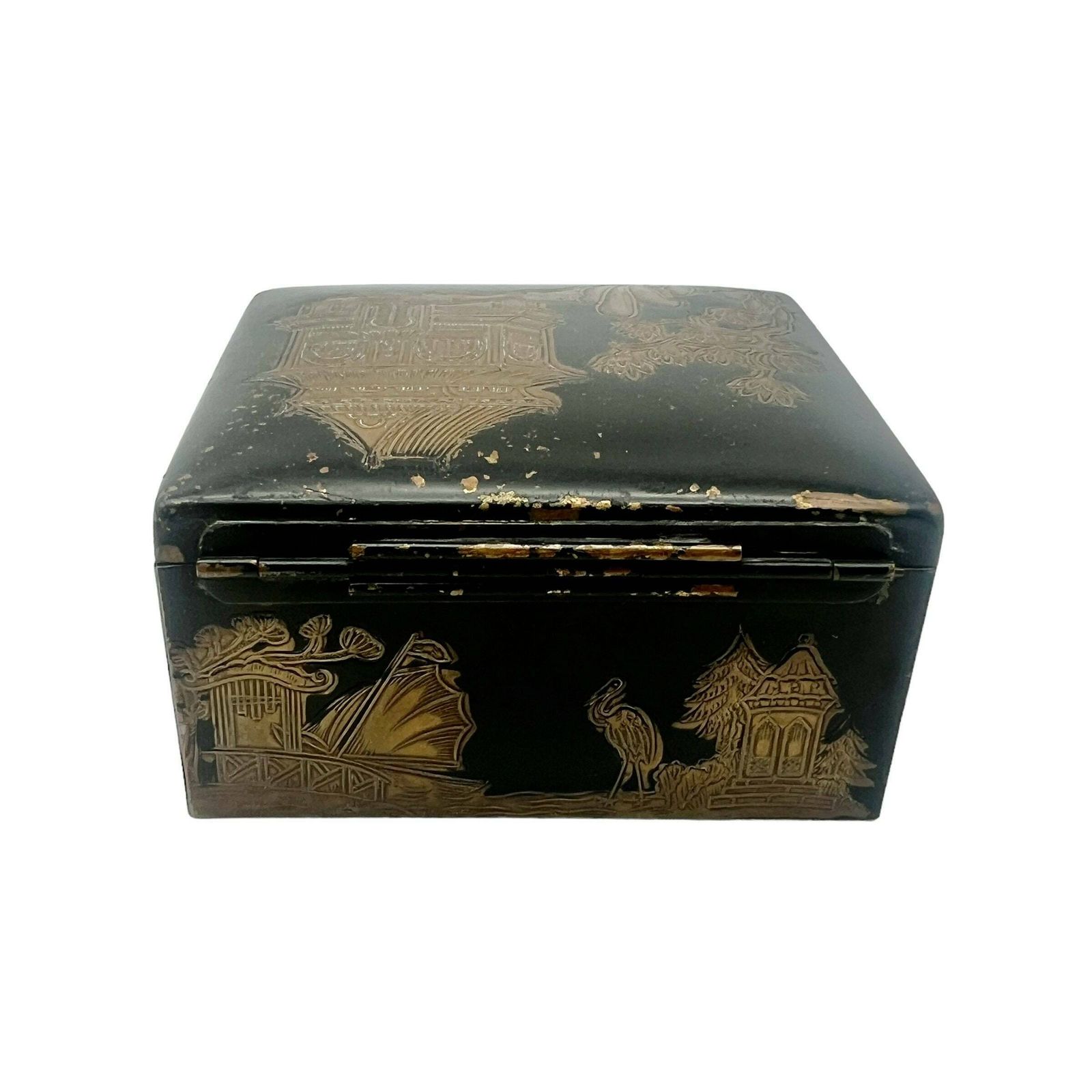 Antique Japanese Engraved Brass Cigarette Box   Pagoda   Tobacciana photo for sale