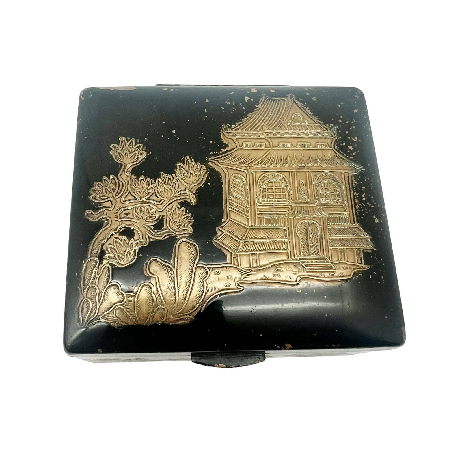 Antique Japanese Engraved Brass Cigarette Box   Pagoda   Tobacciana photo vinterior