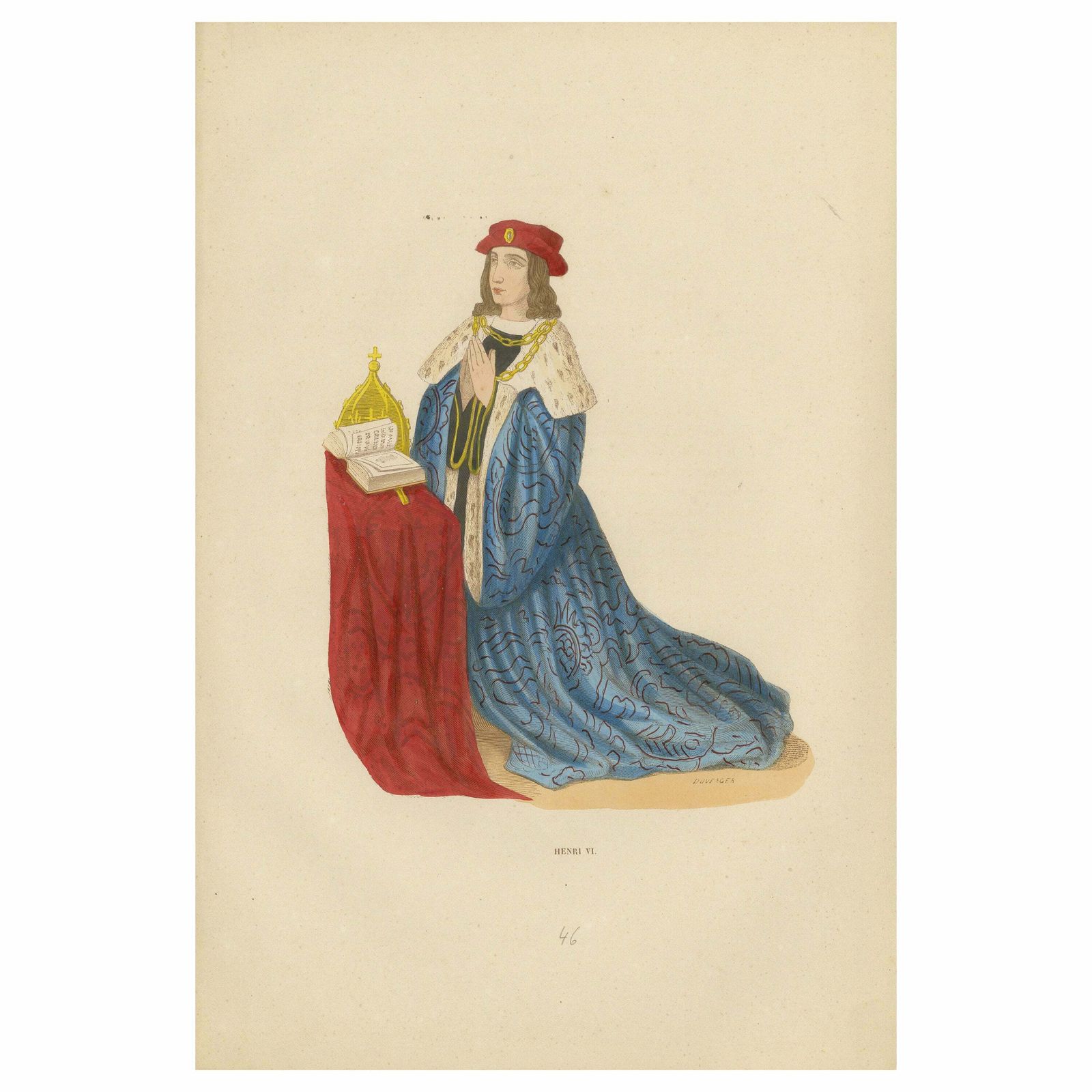 King Henry VI In Prayer, Original Hand Colored Lithograph, 1847