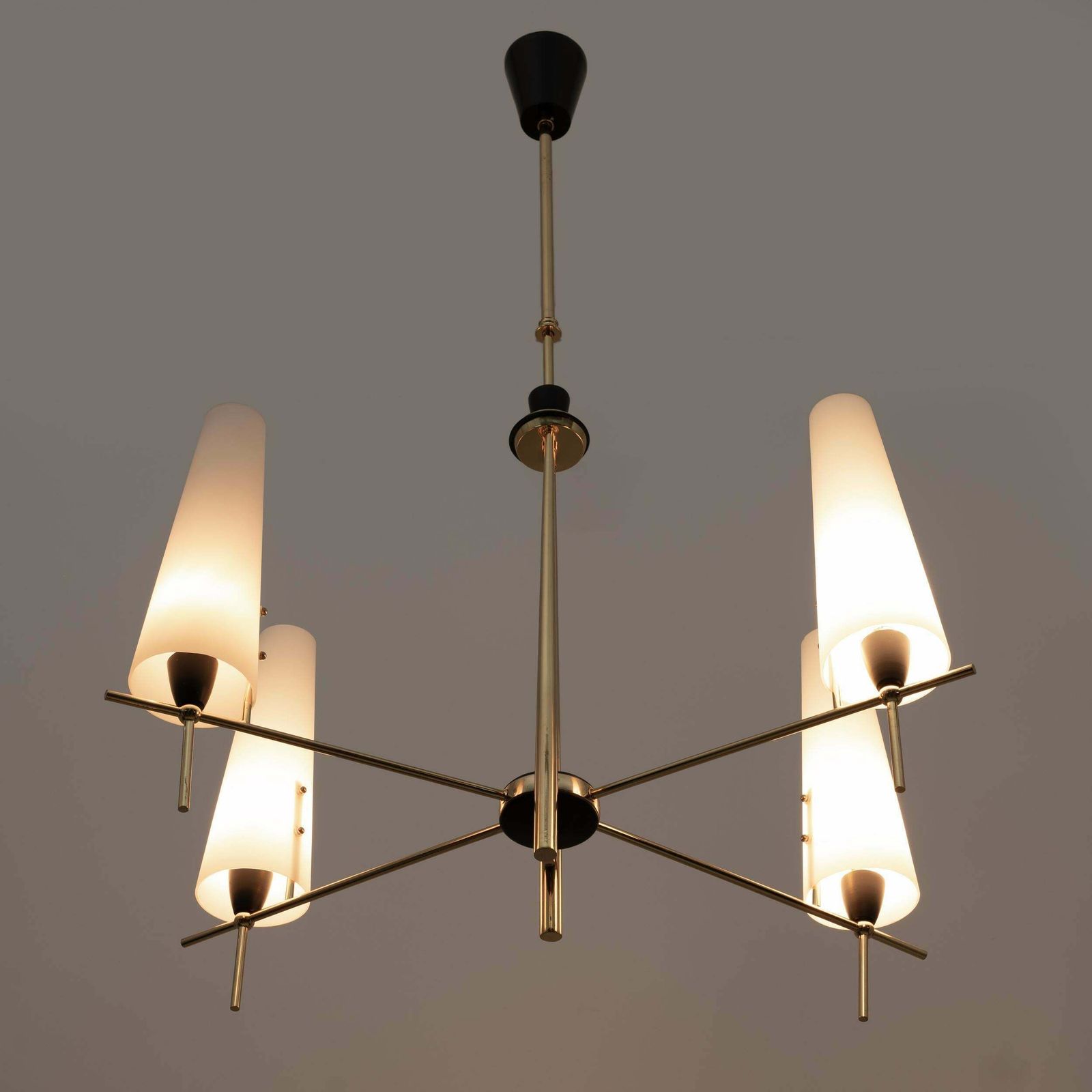Stilnovo Style Mid Century Modern Italian Brass And Opaline Glass Chandelier 60s photo furniture