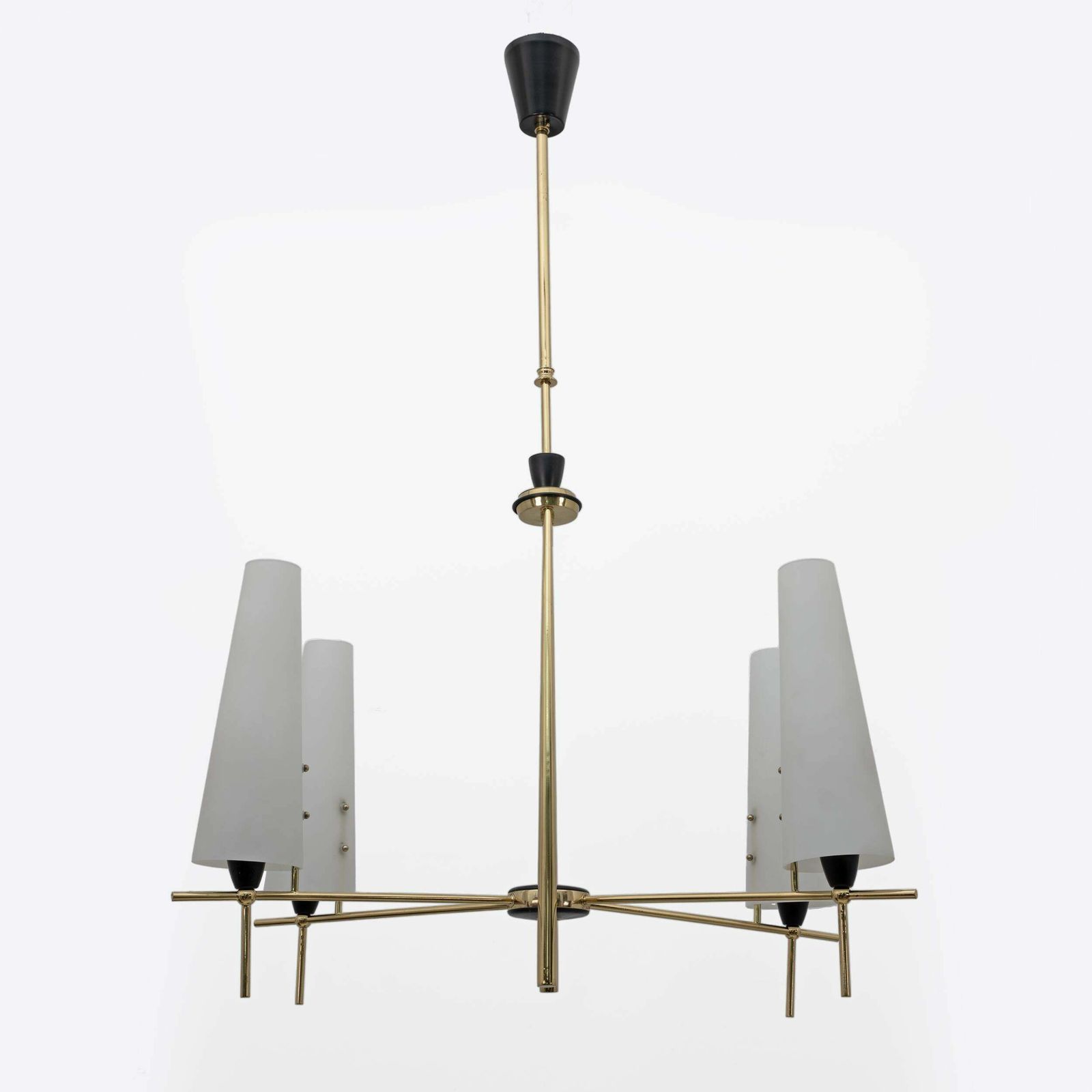 Stilnovo Style Mid Century Modern Italian Brass And Opaline Glass Chandelier 60s photo vinterior
