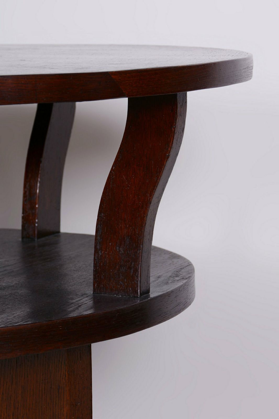 Restored Art Deco Round Small Table, Oak, Veneer, Czech, 1920s photo for sale
