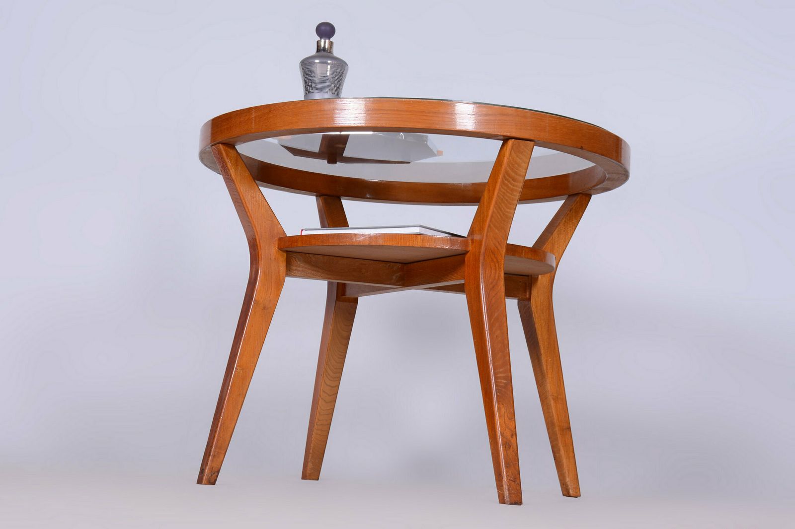 Restored Mid Century Coffee Table, Oak, Glass, Czech, 1950s photo vinterior