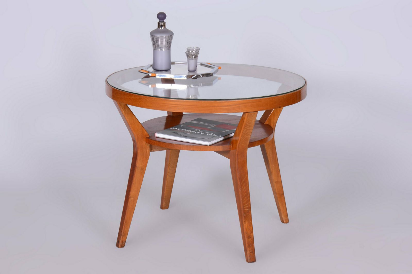 Restored Mid Century Coffee Table, Oak, Glass, Czech, 1950s photo vintage