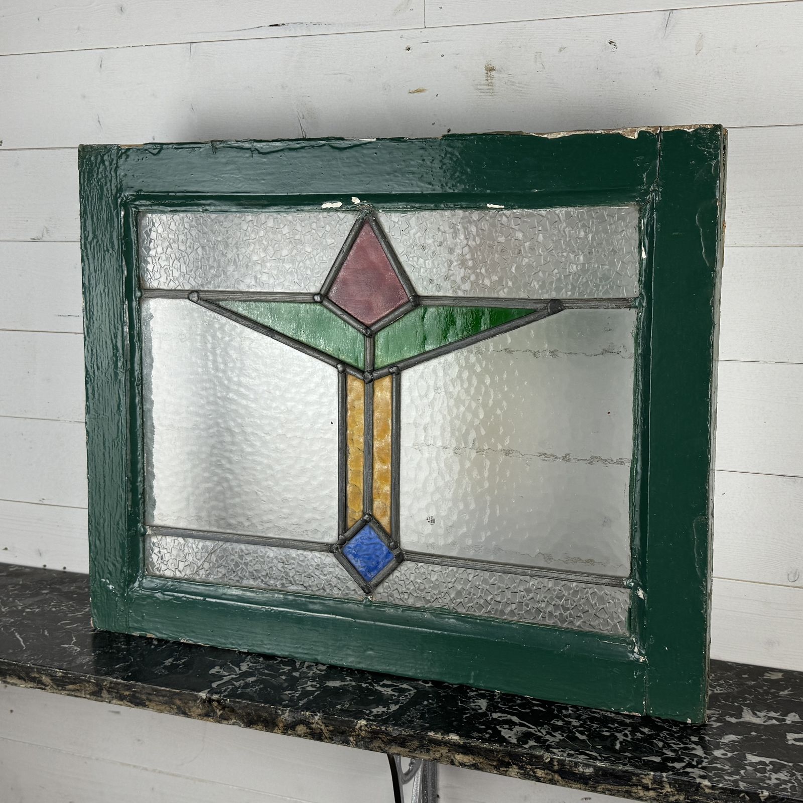 1930s Deco Stained Glass Leaded Light In Frame photo vinterior