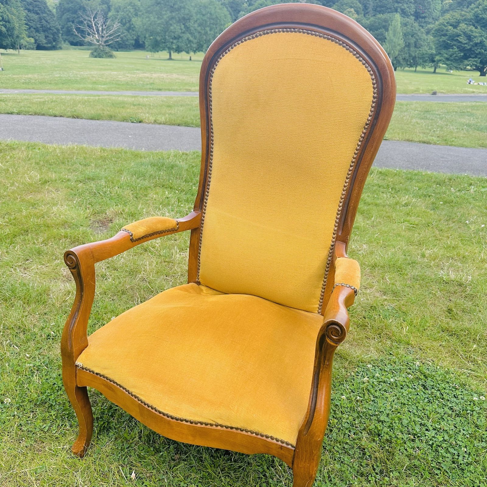 Vintage 19th Century Voltaire Armchair In Yellow Cord Velvet
