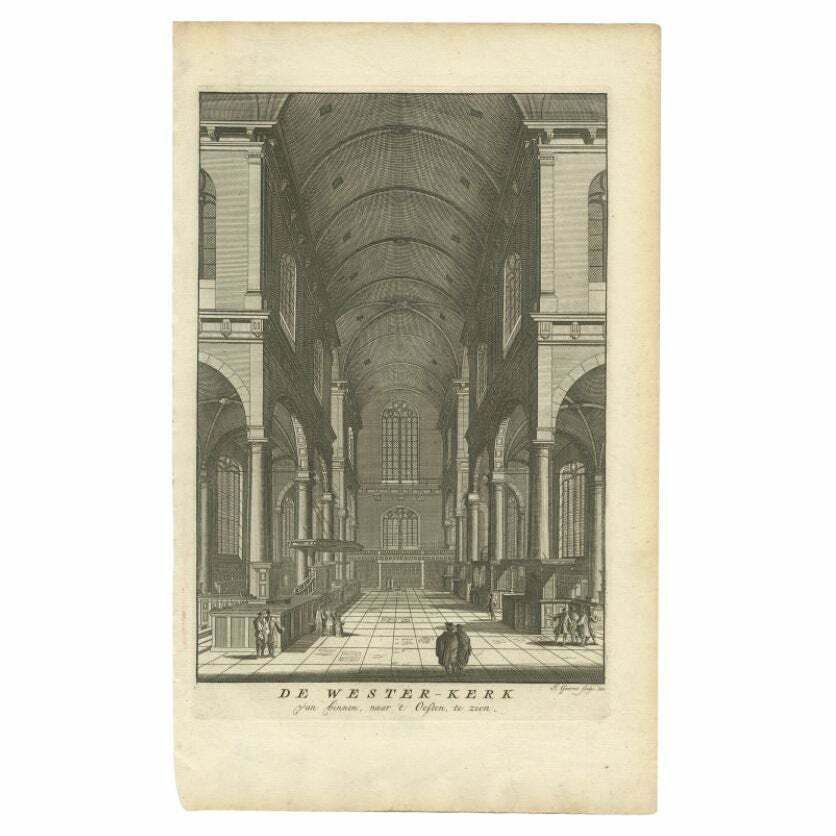 Antique Original Engraving Of The Interior Of The 'Westerkerk', Amsterdam, 1765