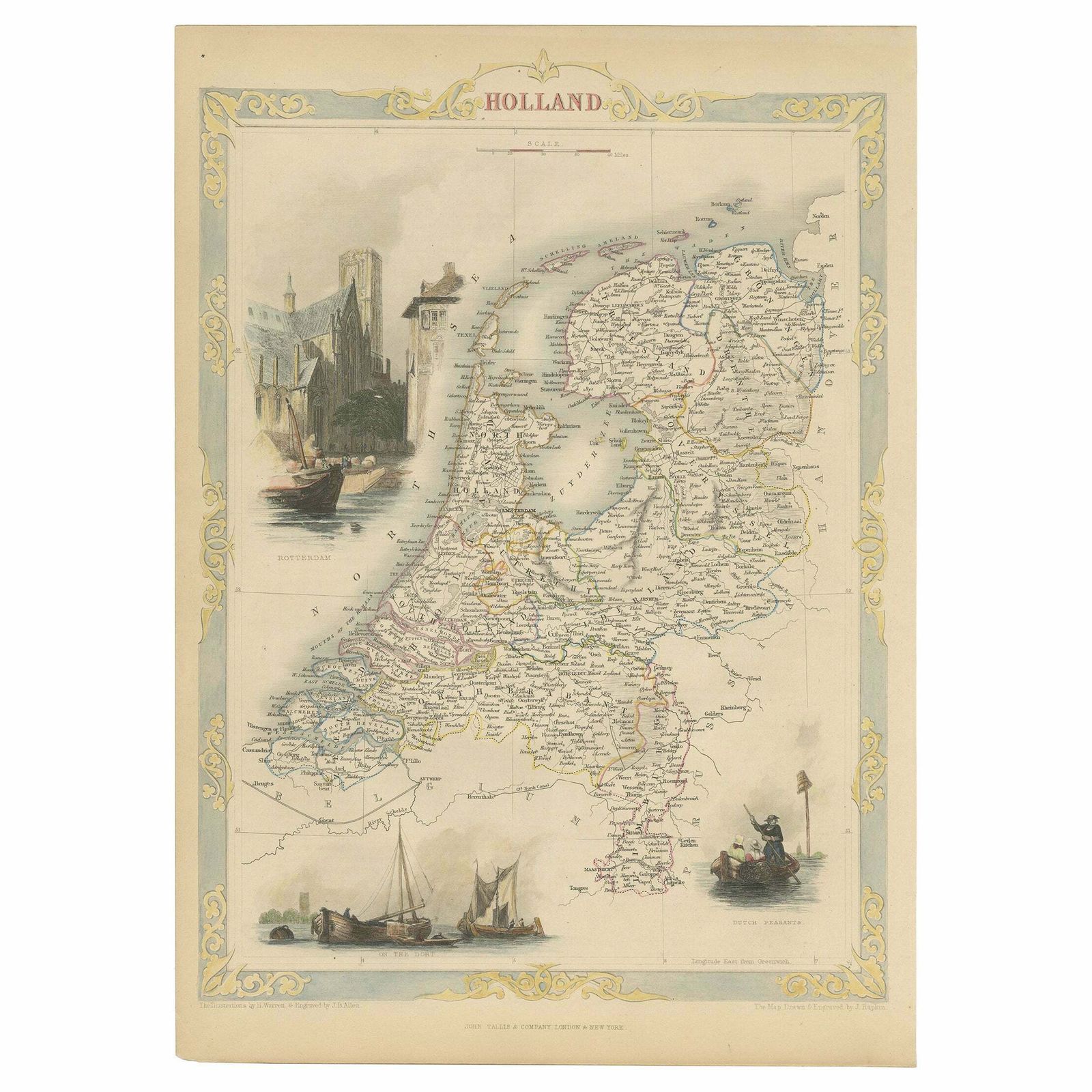 Antique Map Of Holland With Colorful Vignettes, 1851