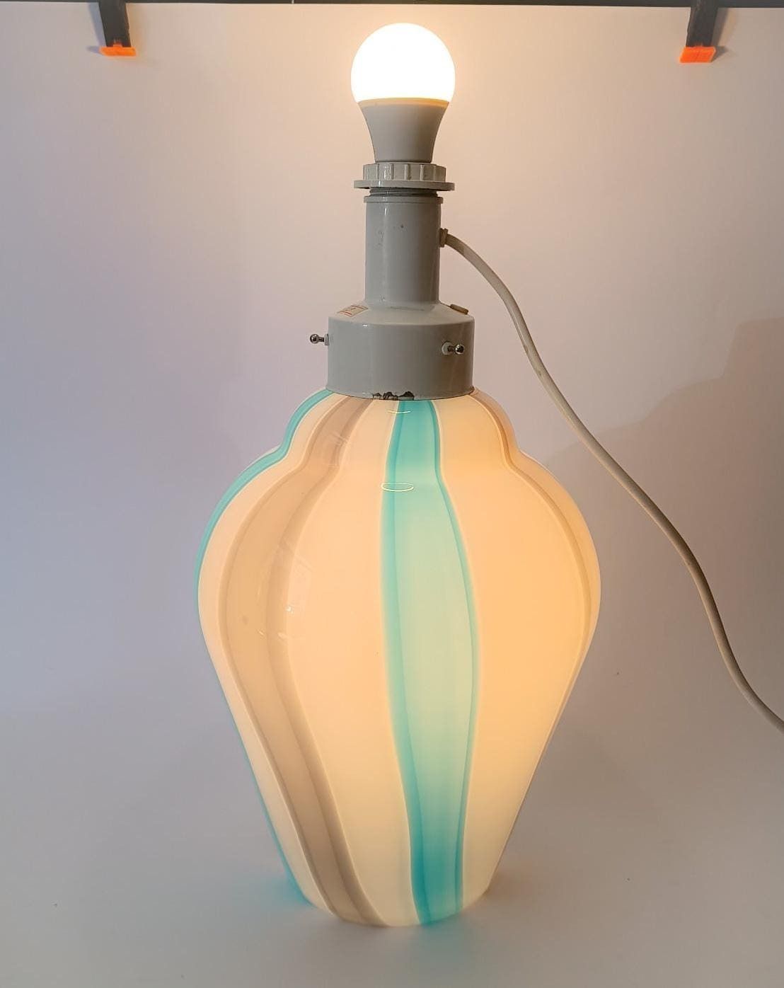 Large Table Lamp In White Murano Glass With Gray And Blue Bands, Vintage La Murrina 2 Lights photo furniture