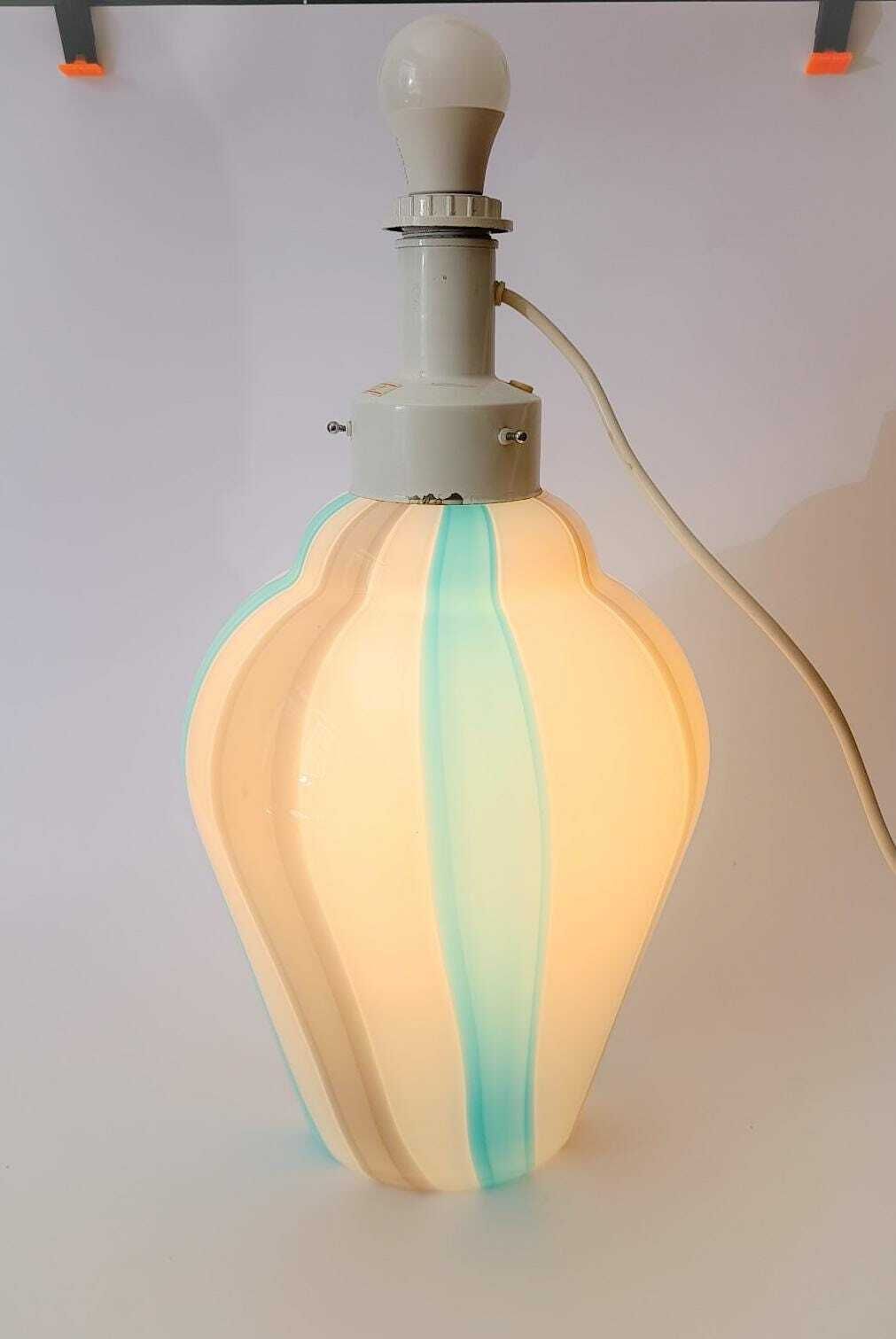 Large Table Lamp In White Murano Glass With Gray And Blue Bands, Vintage La Murrina 2 Lights photo for sale