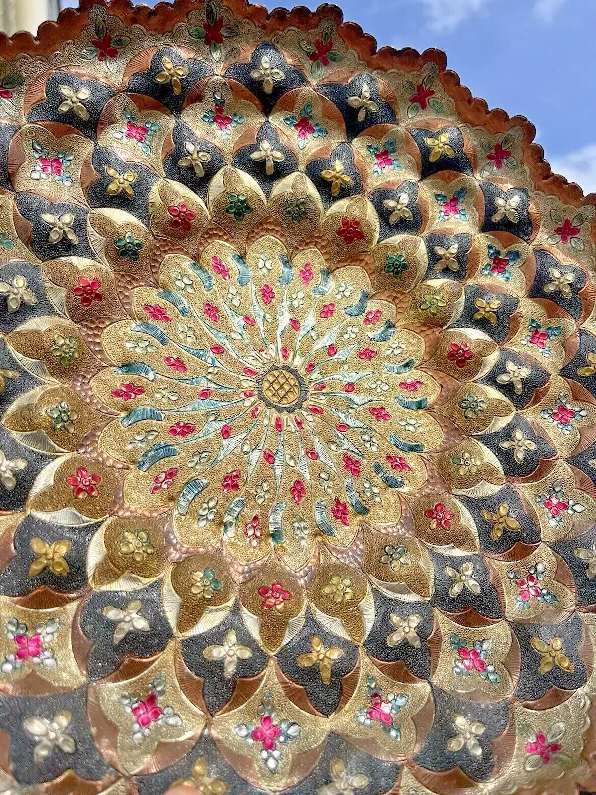 Vintage Indian Copper Floral Wall Plaque Plate Dish Multicoloured Boho Bohemian photo vinterior