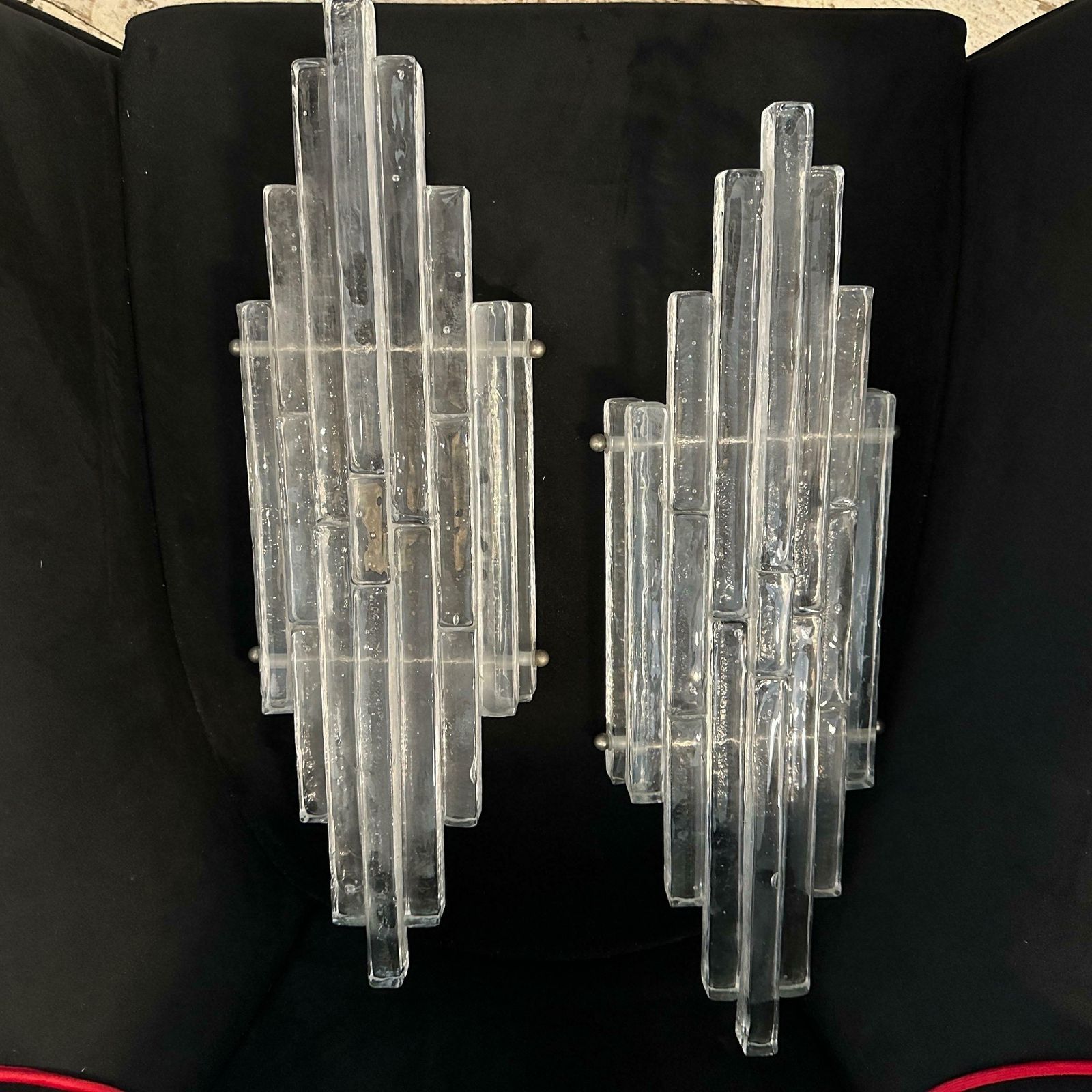 photo for sale 1970s Albano Poli Modernist Clear Stacked Glass Poliarte Linea Wall Sconces