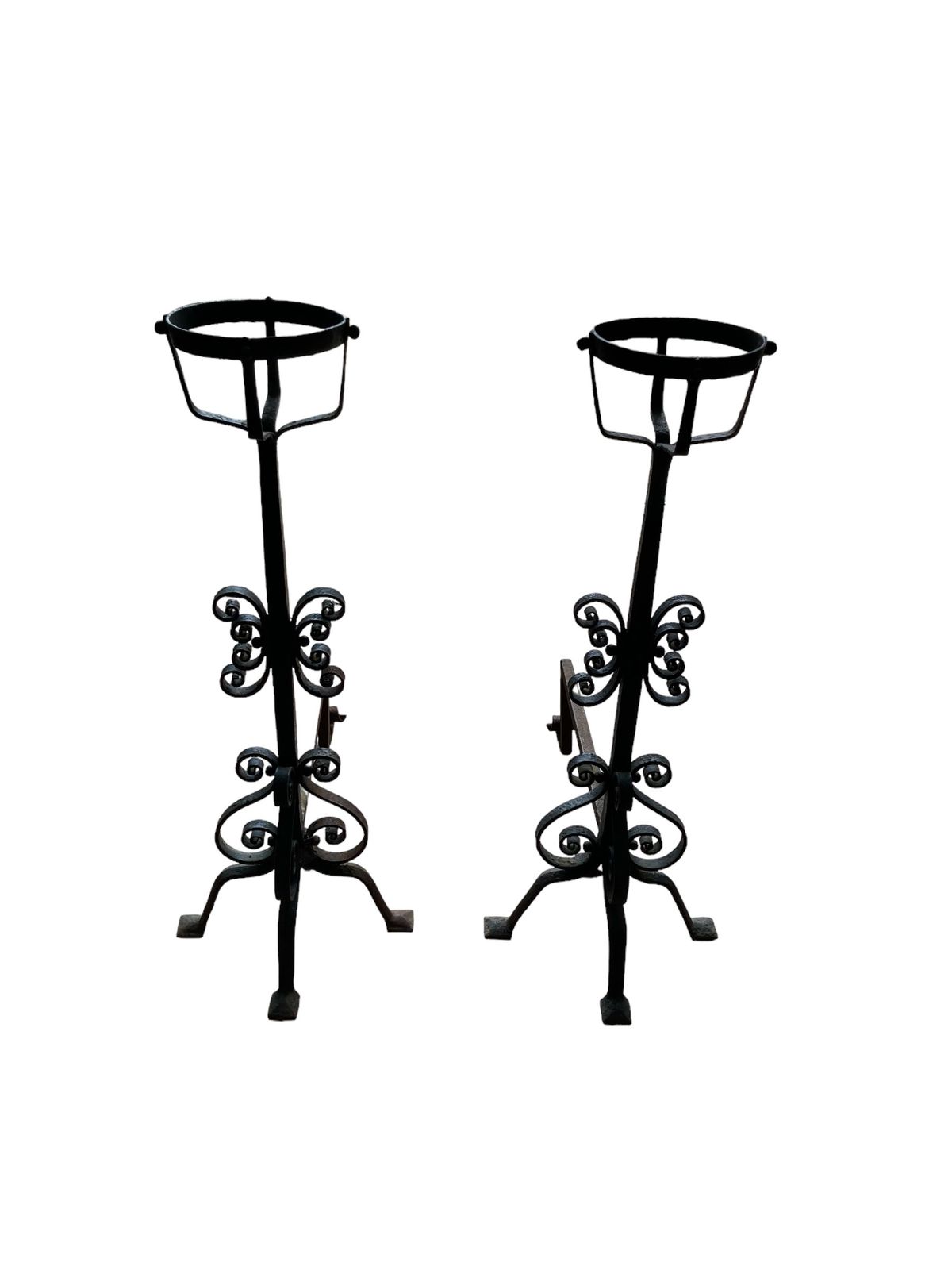 A Pair Of Large French Wrought Iron Fire Dogs With Large Fire Baskets photo furniture