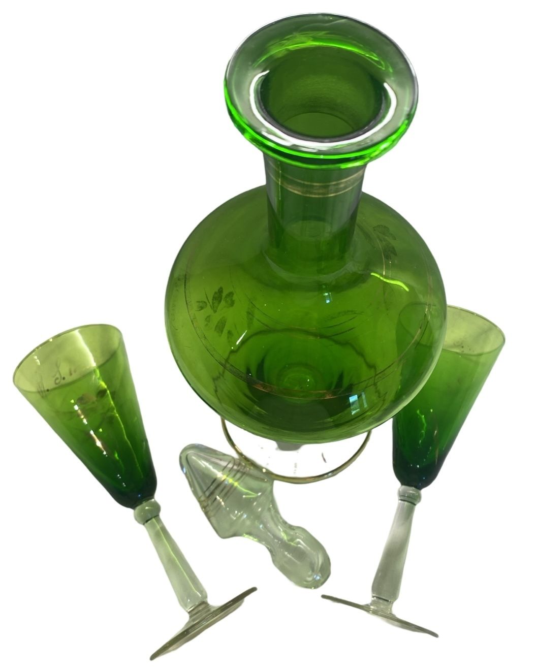 Art Deco Emerald Green Decanter And Wine Glasses photo for sale