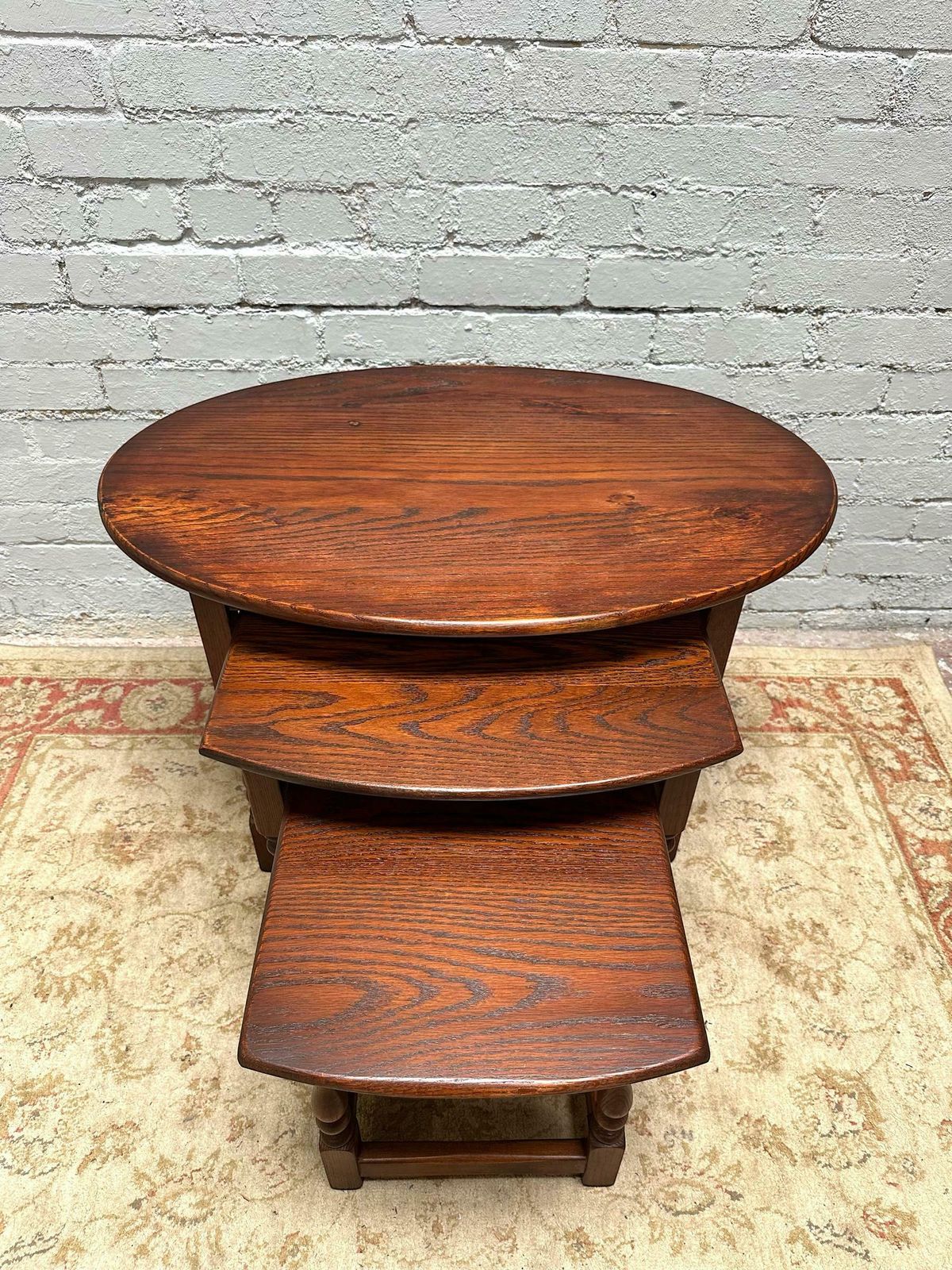 Vintage Old Charm Wood Bros / Oval Oak Nest Of 3 Tables / Tudor Brown photo buy