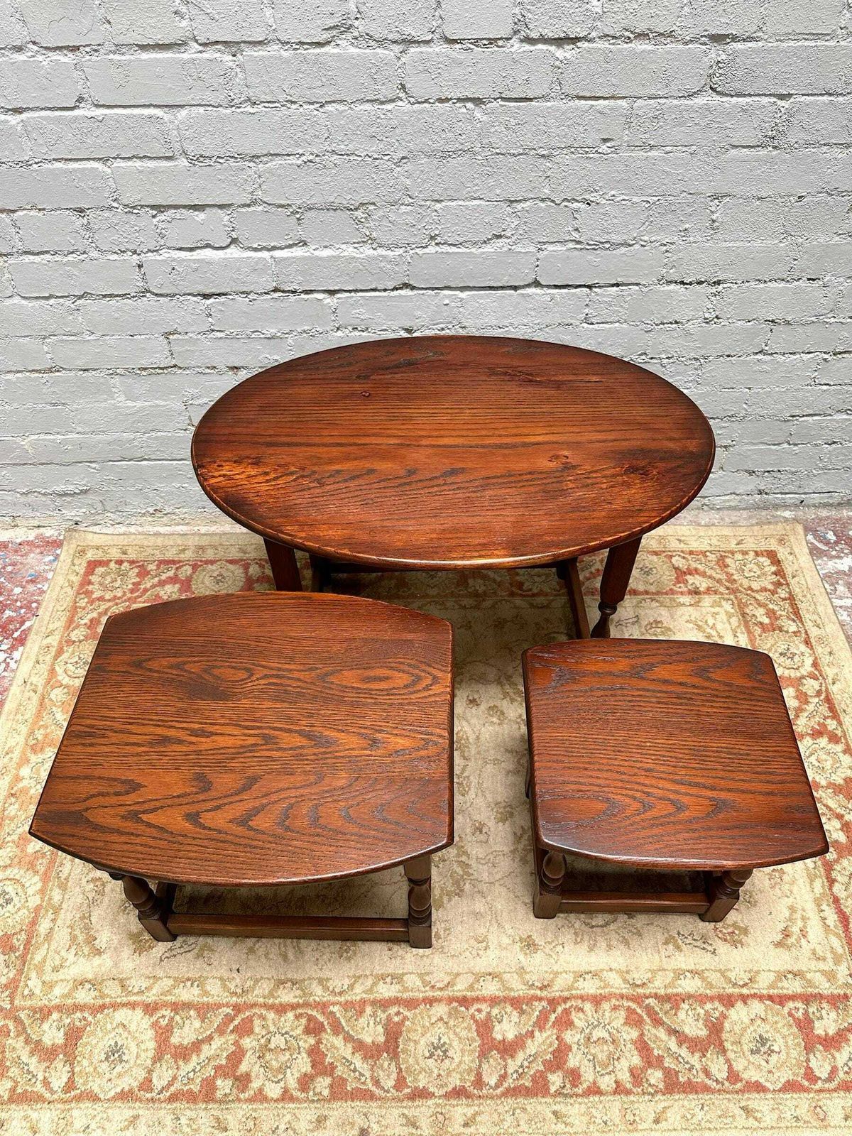 Vintage Old Charm Wood Bros / Oval Oak Nest Of 3 Tables / Tudor Brown photo vintage