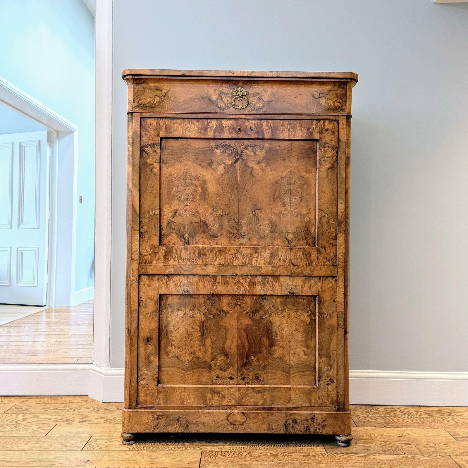 An Antique Biedermeier Period Burr Walnut Secretaire Desk With Drop Front C1840