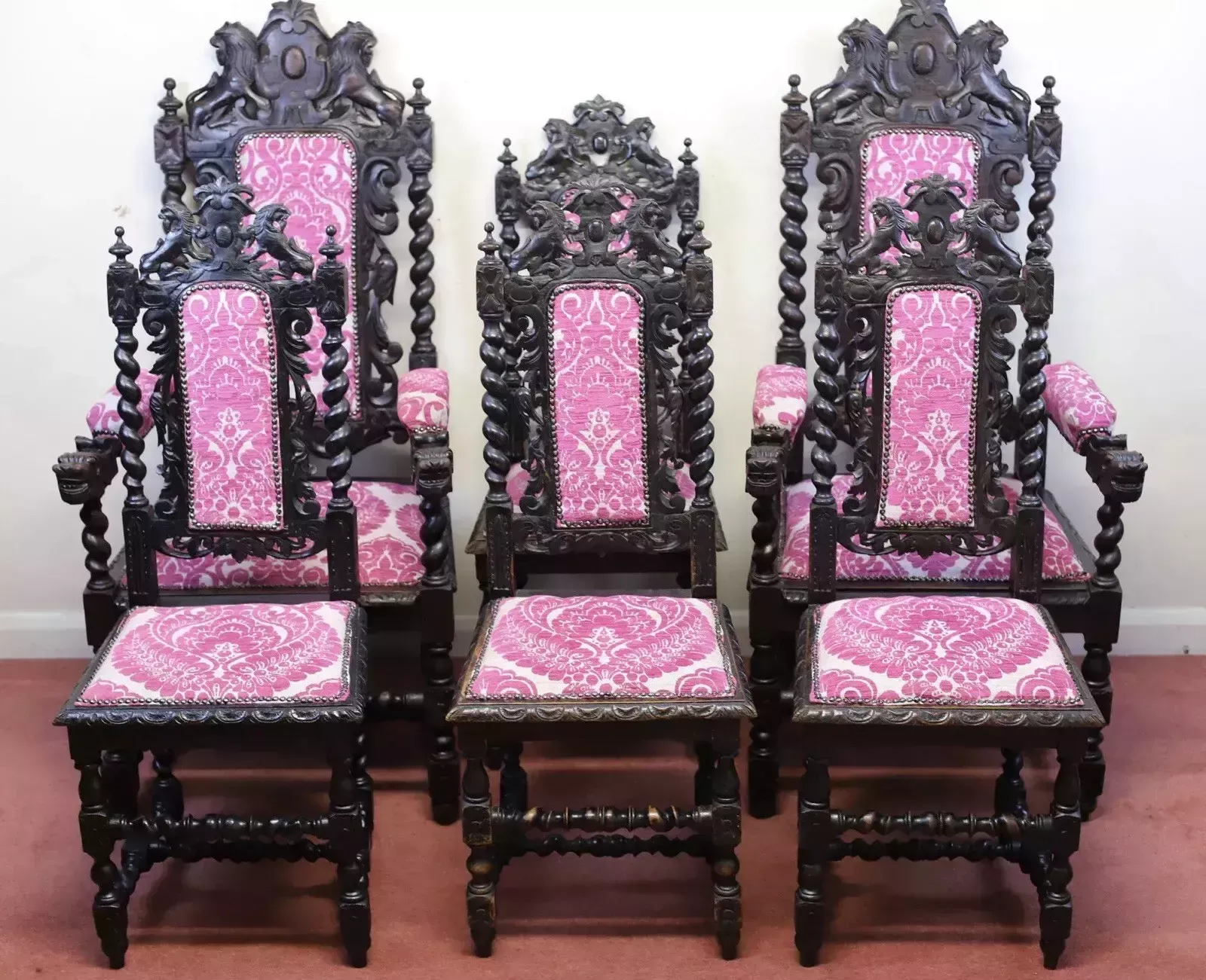 Beautiful Set Of Six Victorian Carved Oak Dining Chairs